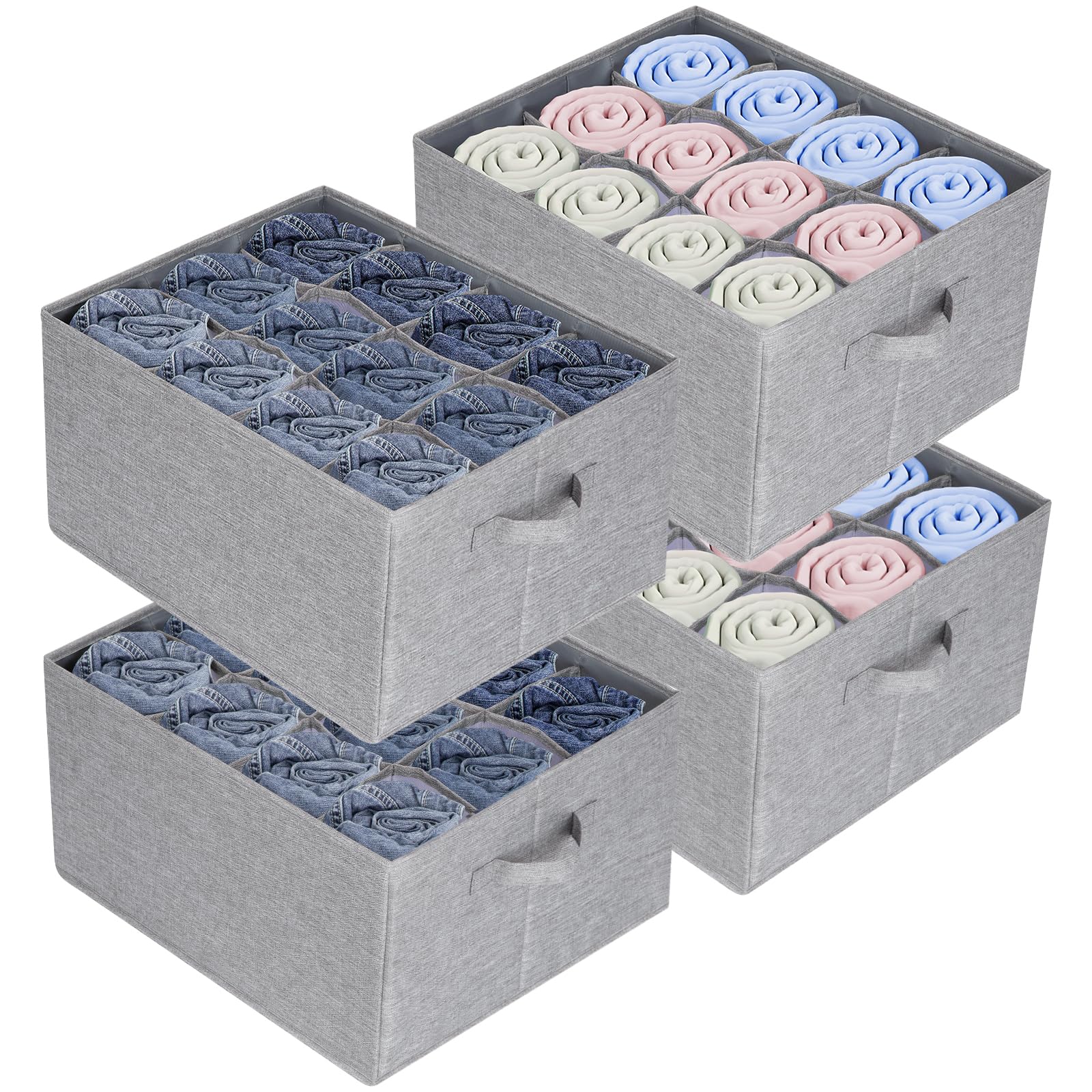 Sponsored Ad – 4 Pack Wardrobe Organiser Clothes Storage Boxes - 12 Cell Foldable Closet Shelf Drawer Dividers for Cupboard Organizer, Stackable Clothing Box for Jeans, Trouser, Pants, T-shirt, Sweater