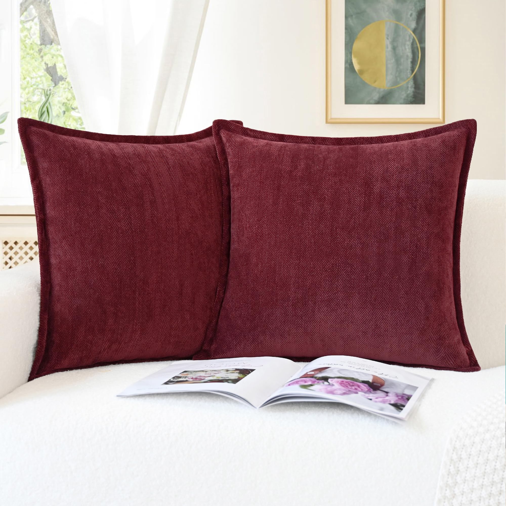 CaliTime Throw Pillow Covers Pack of 2 Soft Herringbone Chenille Cushion Cases with Elegant Design for Couch Sofa Farmhouse Decoration 45 x 45cm Burgundy