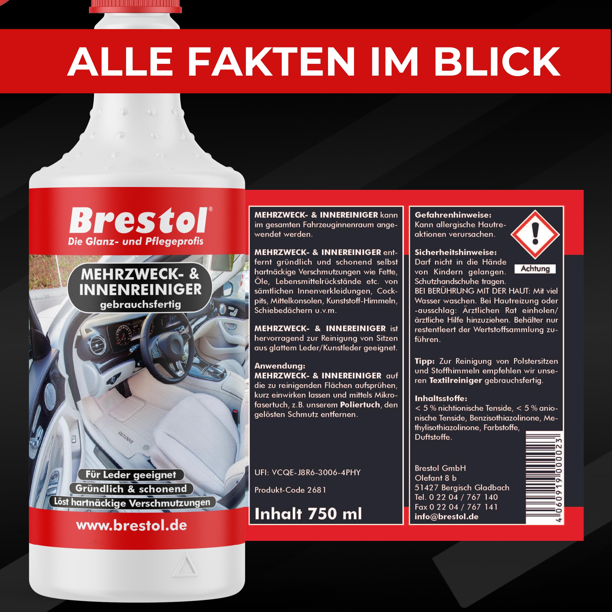 Brestol® Neutralreiniger gebrauchsfertig 4x750 ml - Vielseitige Reinigung für alle Oberflächen - Effektiv & sparsam – Ideal für die Autopflege - Cockpitreiniger, Mehrzweckreiniger + 4X MFT Poliertuch