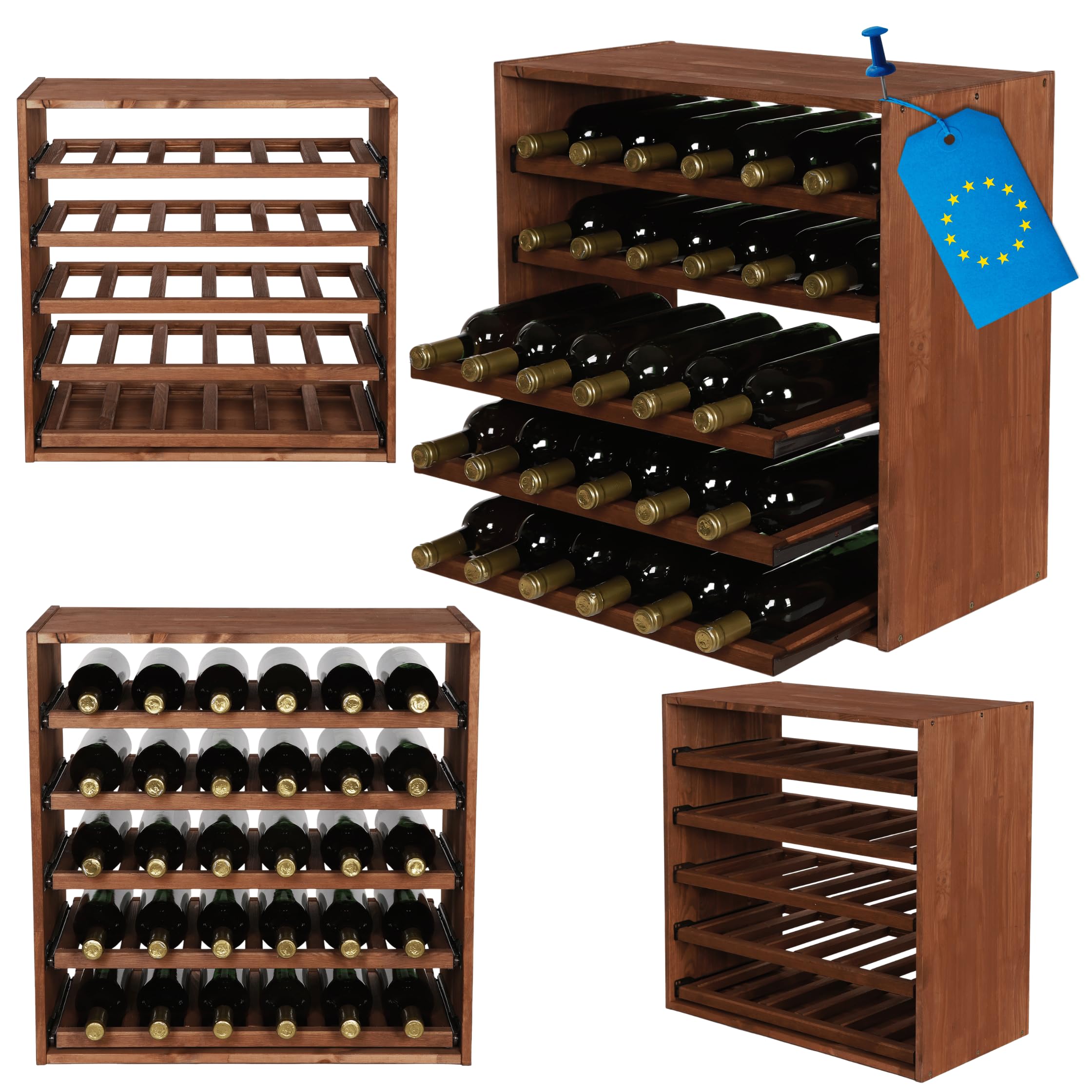 Flaschenregal mit Auszugsböden, Weinregal Massivholz für 30 Flaschen, Weinschrank, Modulares Weinständer, Getränkeregal, Weinflaschenhalter, Kellerregal, Flaschenständer, 60x60x30 cm, Braun