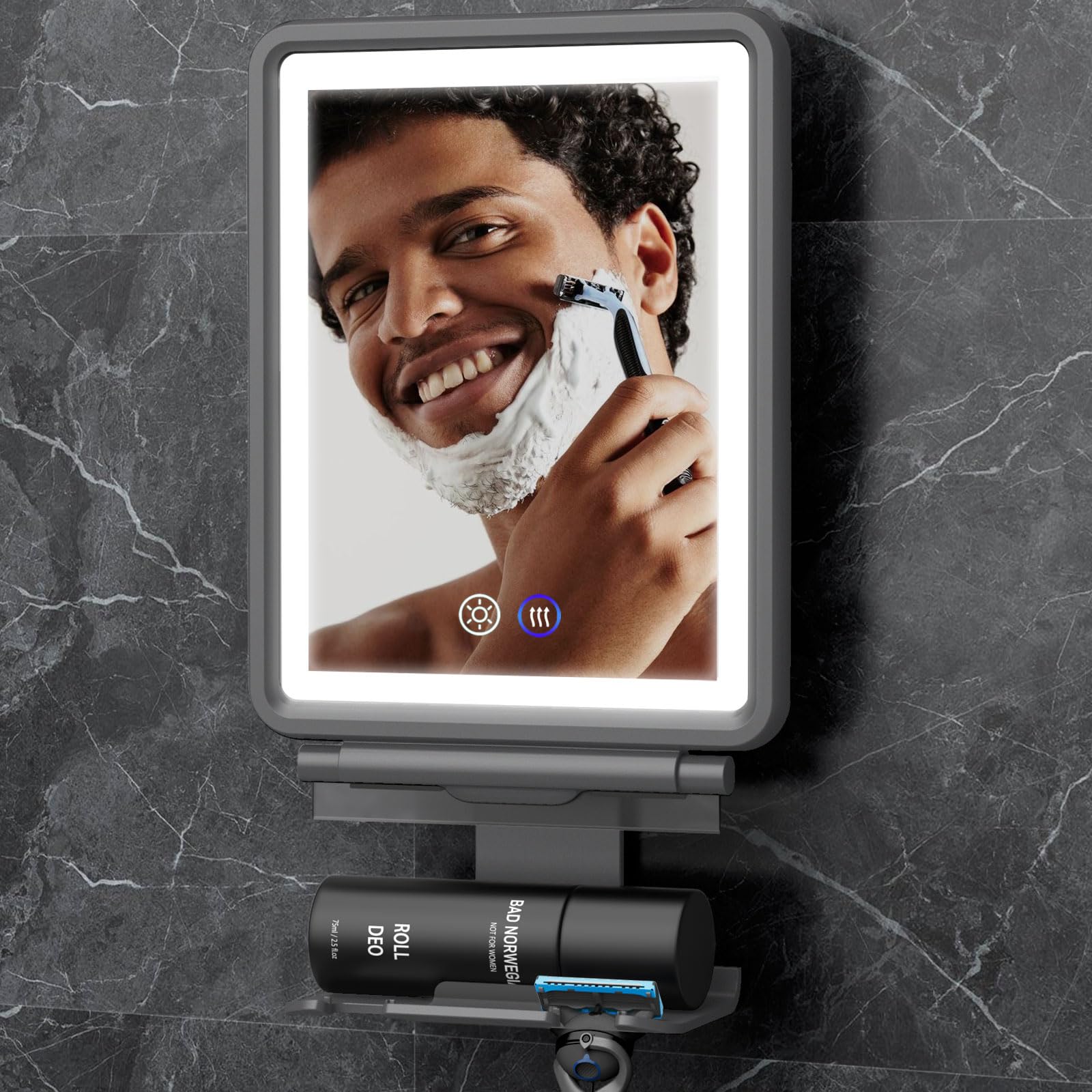 Shinowa Specchio da Doccia Riscaldato Senza Nebbia per la Rasatura, Grigio | 3 Colori Stepless Dimmable Luci, Specchio da Barba Ricaricabile Anti Nebbia per la Doccia con Porta Rasoio per Uomini