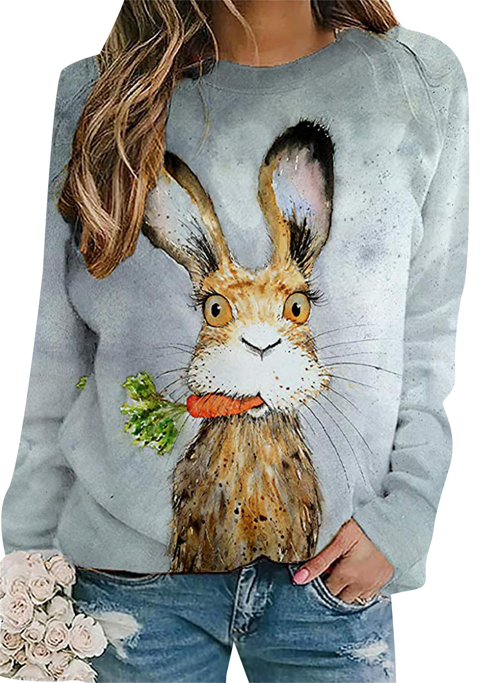 FLITAY Women's Easter Basic Sweatshirt Crew Neck Long Sleeve Sweatshirt Casual Loose Sweatshirt with Rabbit Print