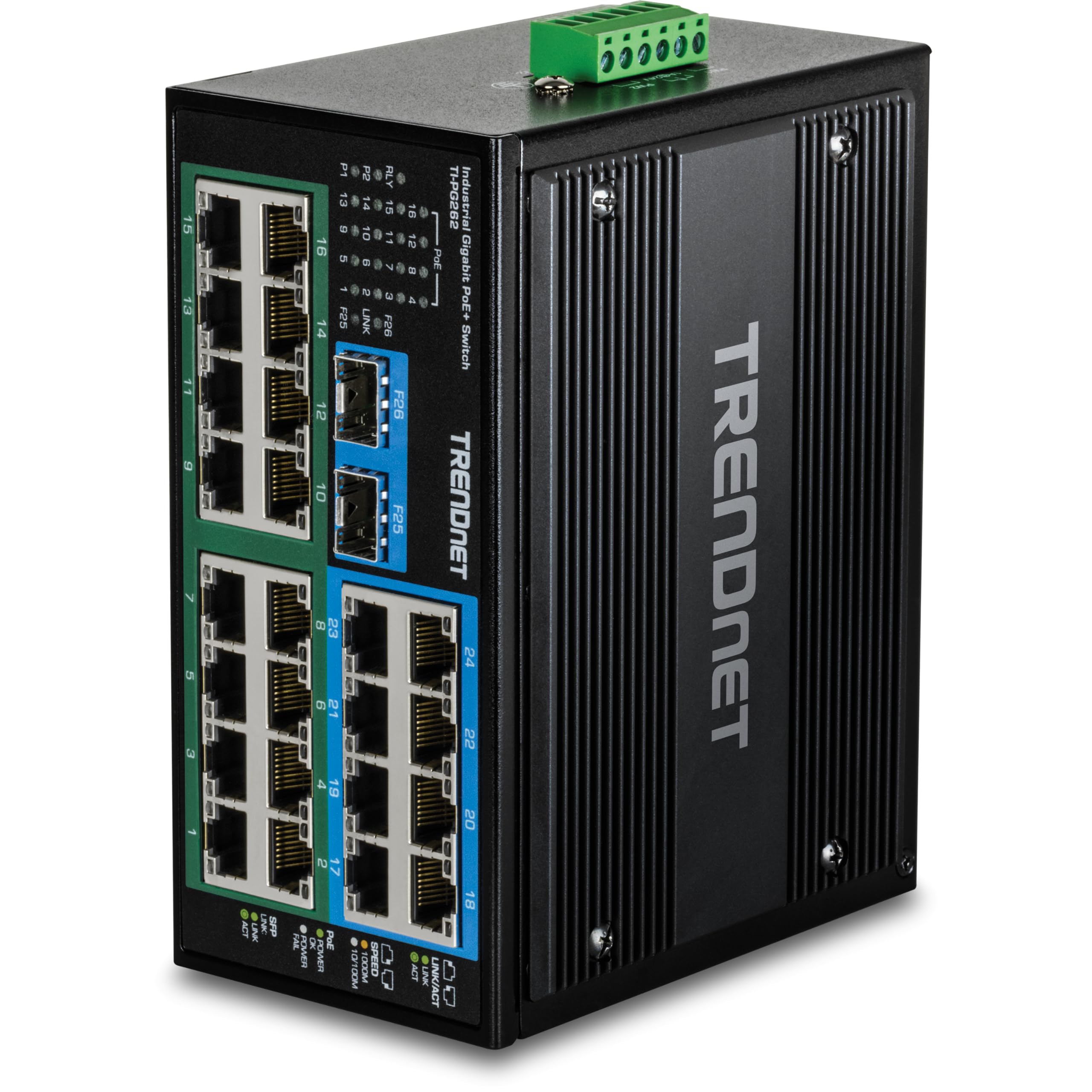 TRENDnet Commutateur Industriel Non géré Gigabit DIN-Rail 26 Ports, TI-PG262, 16 Ports Gigabit PoE+, 8 Ports Gigabit RJ-45, 2 Ports SFP, IP30, Protection à Vie, Noir