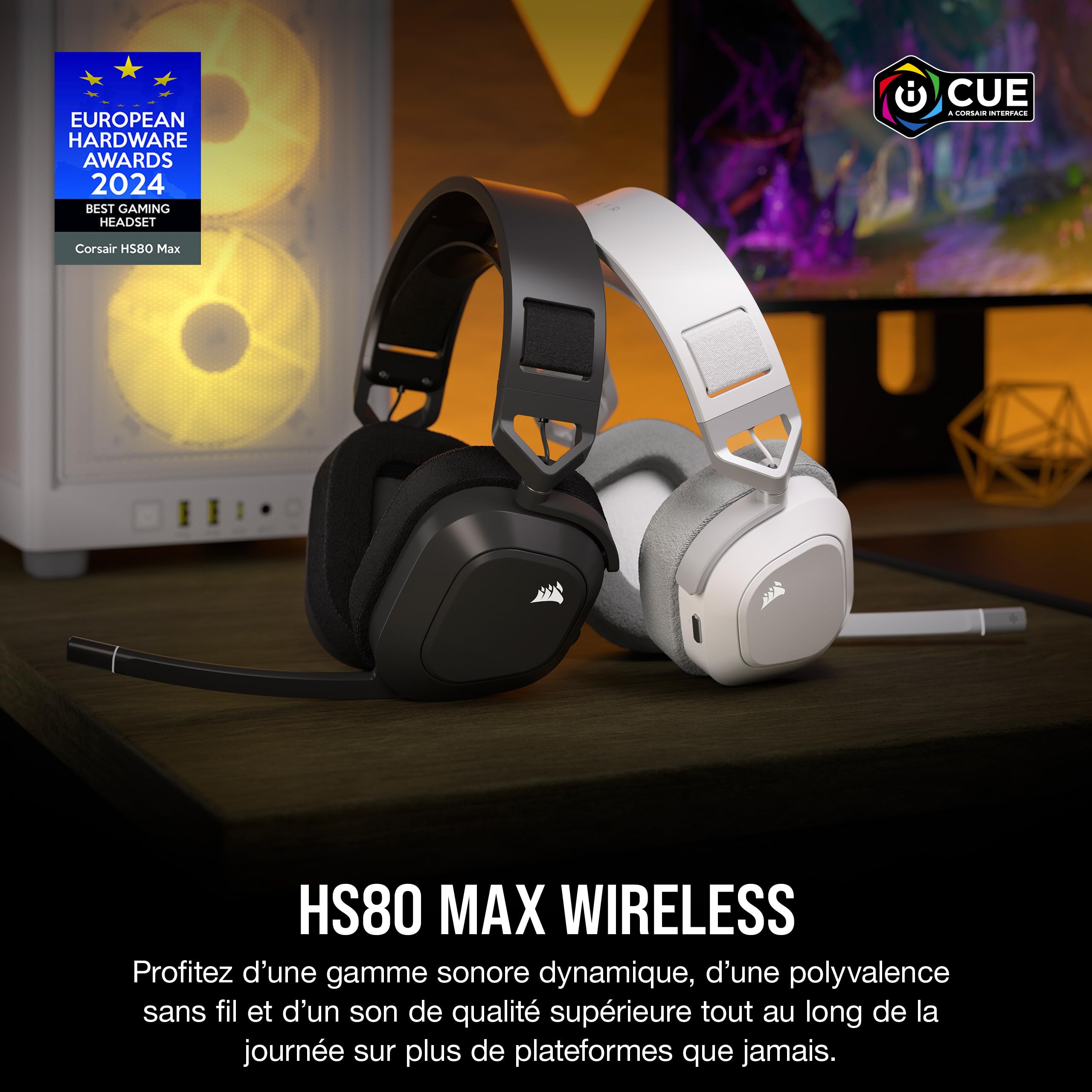 Corsair HS80 Max Wireless Casque de Jeu Multiplateforme avec Bluetooth - Dolby Atmos - Microphone de Qualité Professionnelle - Compatible iCUE - PC, Mac, PS5, PS4, Mobile - Blanc