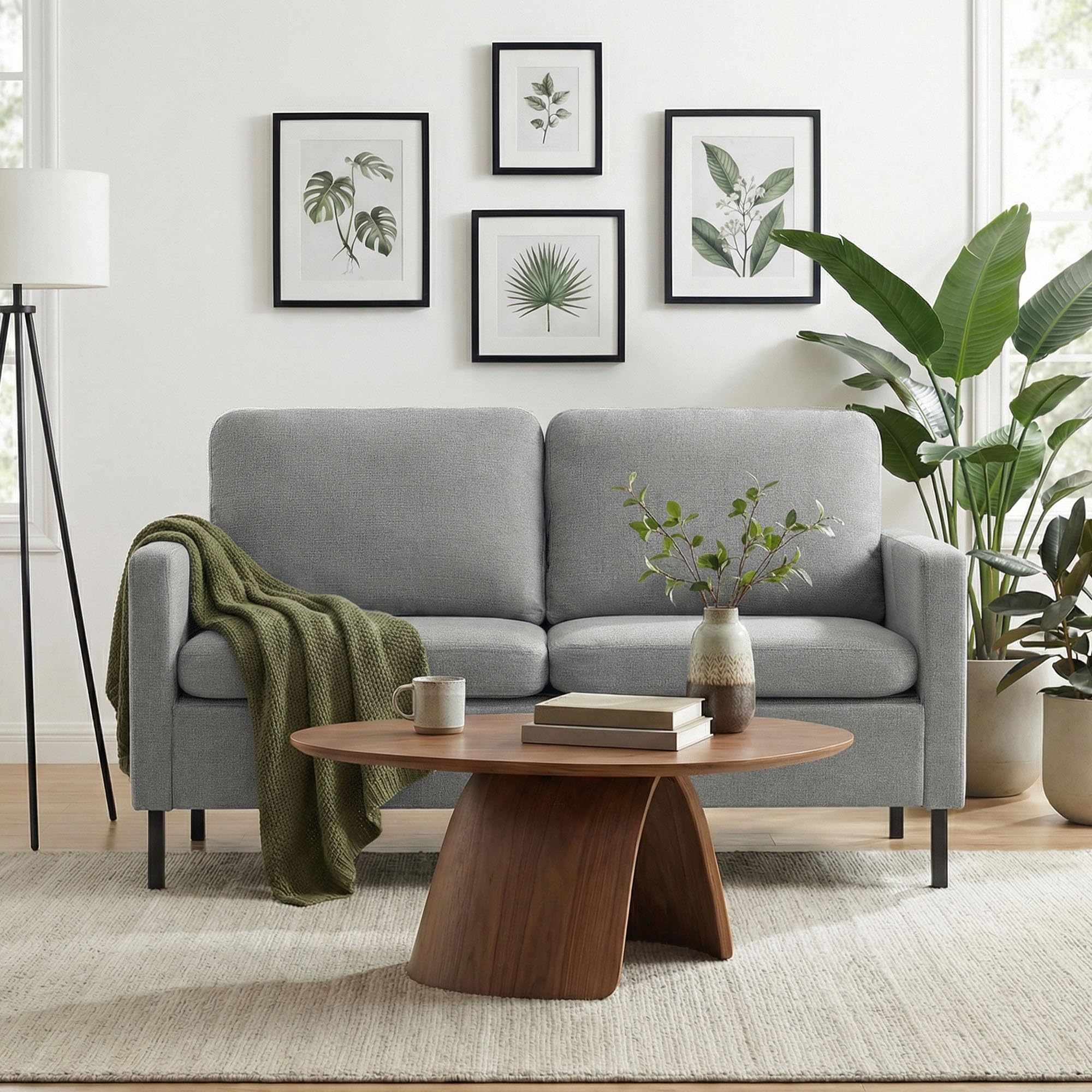 GRAVFORCE Sofa 2 Sitzer mit 2 Ladeports 143 x 63 x 86 cm Klein Sofa kleines Cloud Couch mit Armlehne und Seitentasche Modernes Stoffsofa für Wohnung Wohnzimmer Büro Einfache Montage Hellgrau