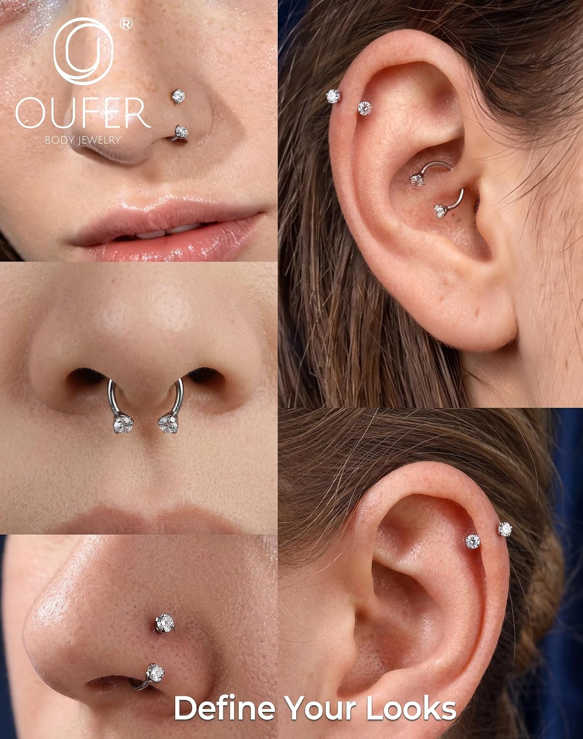 OUFER 20G Horseshoe Nose Rings-8MM Silver Double Gem Nose Rings Studs for Women Men, 316L Surgical Steel Hypoallergenic Helix Earrings, Snake Bites Lip Piercing Jewelry