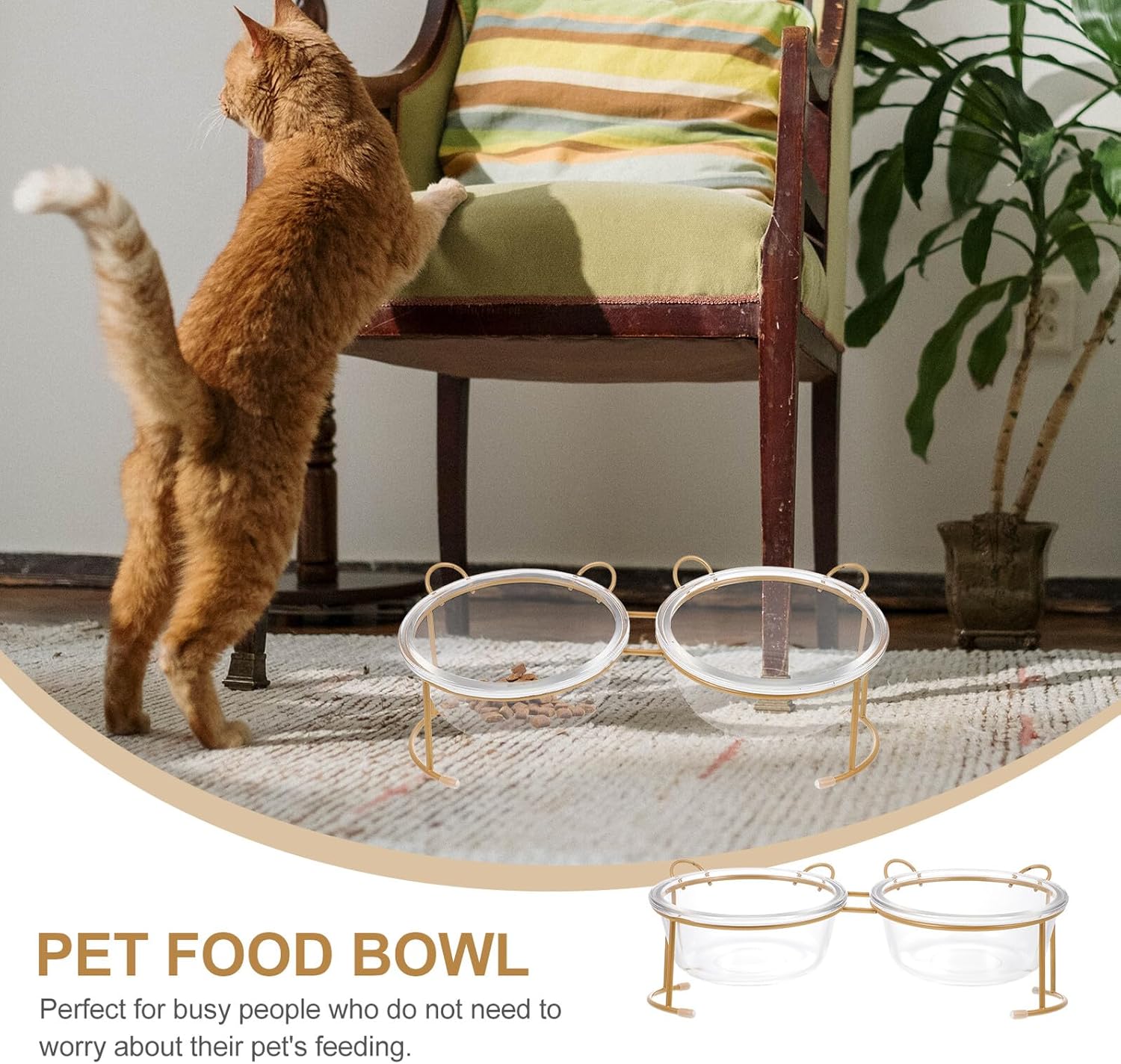 Glass Double Cat Food Bowl with Iron Rack Raised Pet Feeding Station for Cats and Small Dogs Stable Non-tip Design Protects Cervical Spine Easy-Clean Water and Food Bowls for