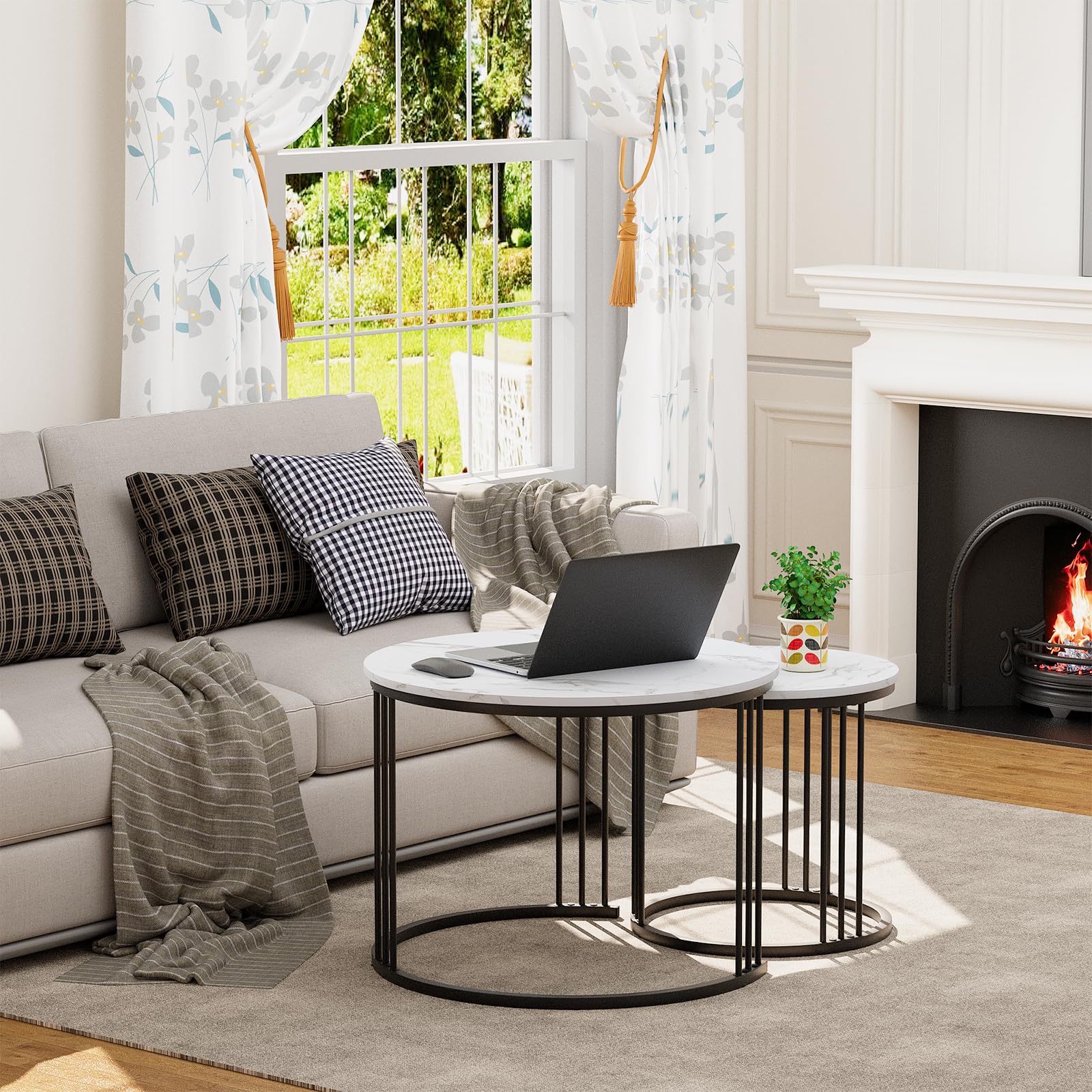 Couchtisch Rund, Satztisch 2er Set, Wohnzimmertisch, Couchtisch aus Holz, Beistelltisch Set, Sofatisch für Wohnzimmer, Schlafzimmer, Büro, Balkon, Schwarz Metallgestell und Weiß Marmor Tischplatte