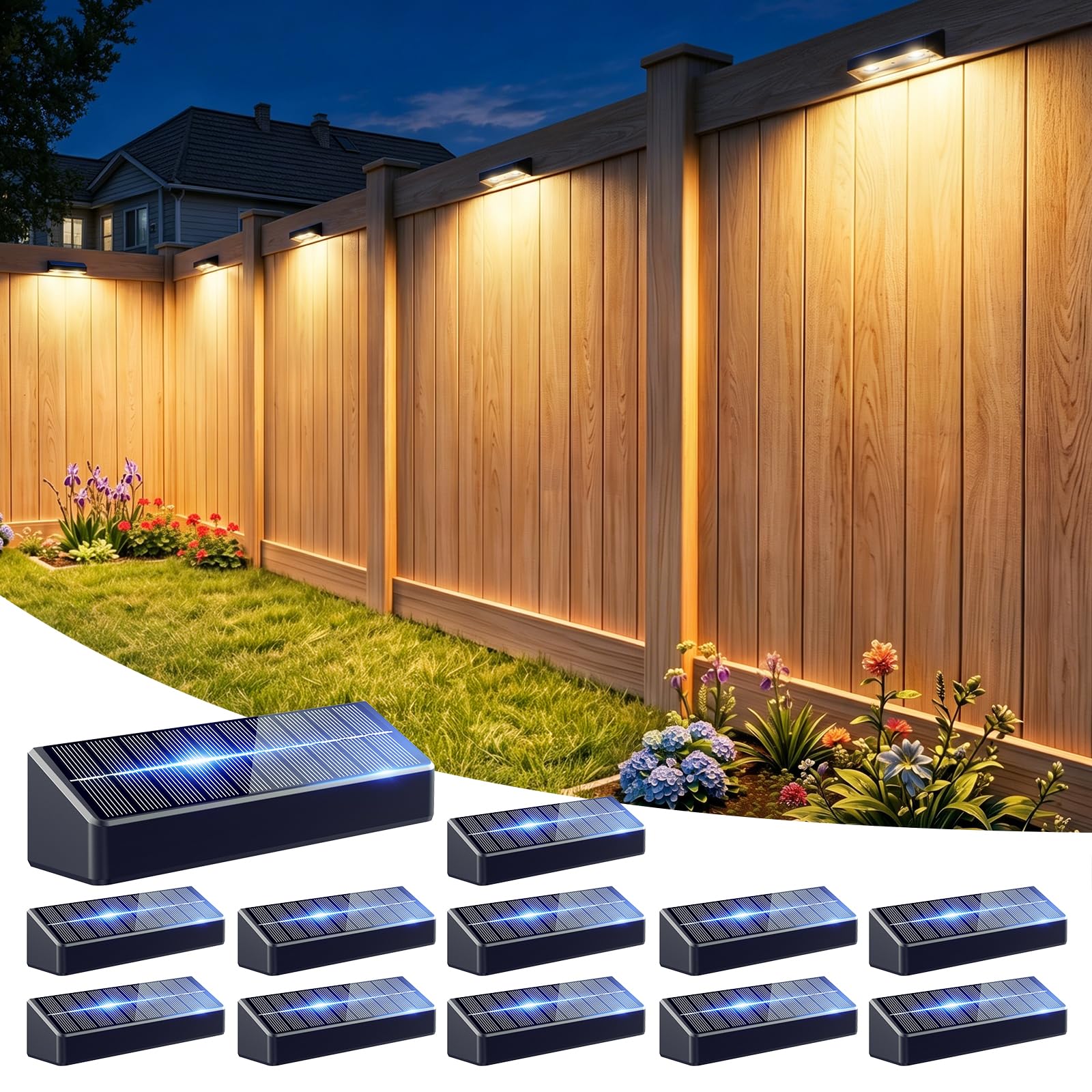 Photo 1 of JOFIOS Fence Lights Solar Powered 12 Pack, 3000/4000/6000K 3 Modes, IP65 Waterproof Solar Fence Lights Outdoor, Dusk to Dawn Deck Lights for Outside, Wall, Backyard, Step, Patio, Stair Railings