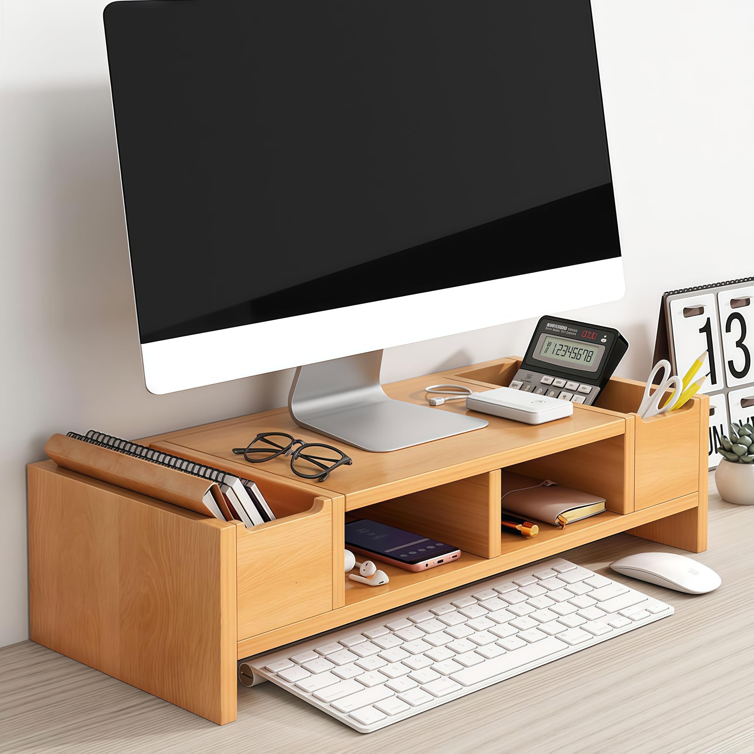 Supporto salvaspazio in legno per monitor con cassetto, scrivania a 2 ripiani per computer e TV a schermo piatto, elegante supporto da scrivania per casa e ufficio