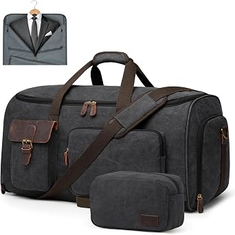 S-ZONE Garment Bags for Travel Canvas Duffle Bags for Men Hanging Suitcase | Individual Toiletry Bag, Multi-Pockets, Carry-on Size, Trolley Sleeve, for Gym or Business