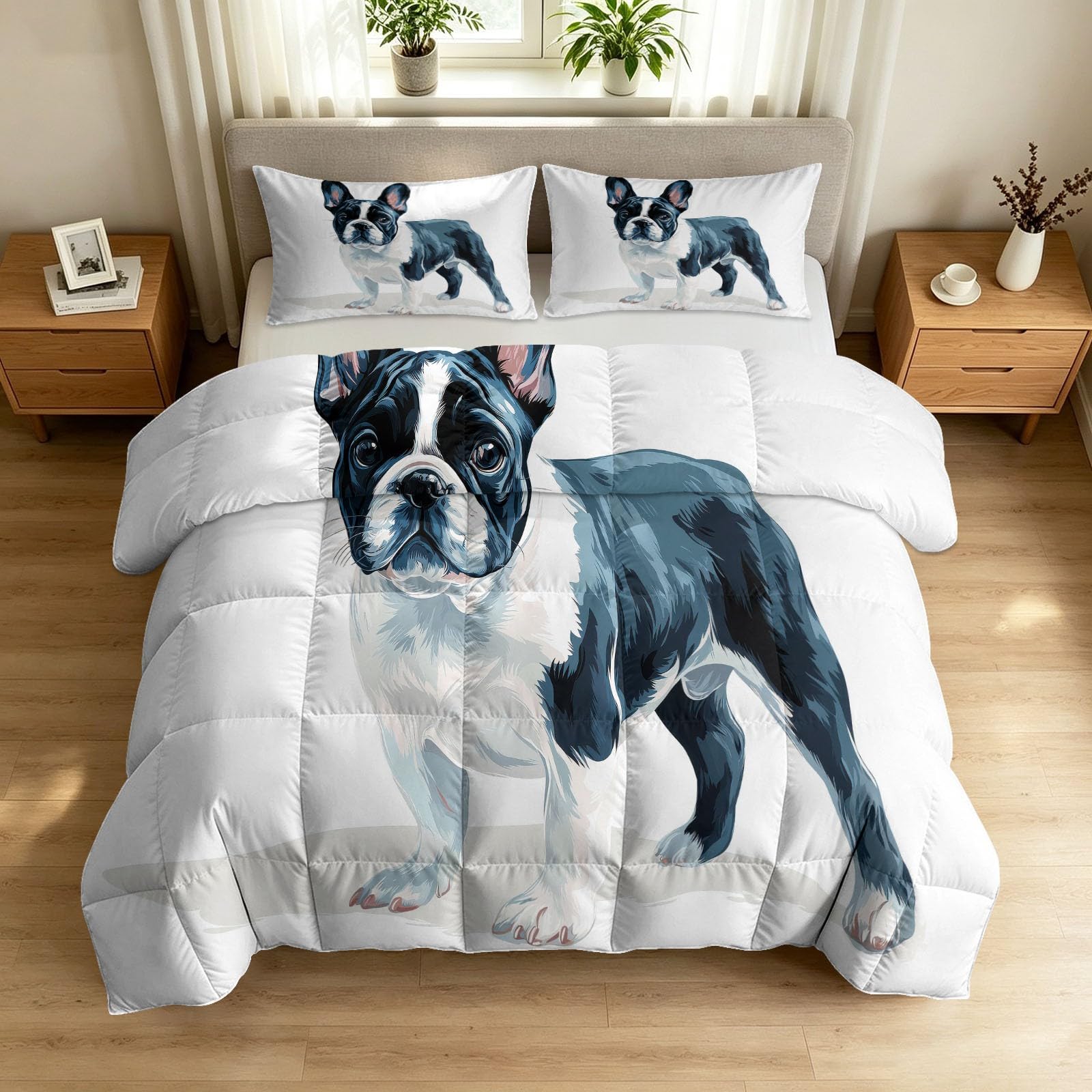 Couette 220x240 cm réversible imprimé bouledogue avec 2 taies
