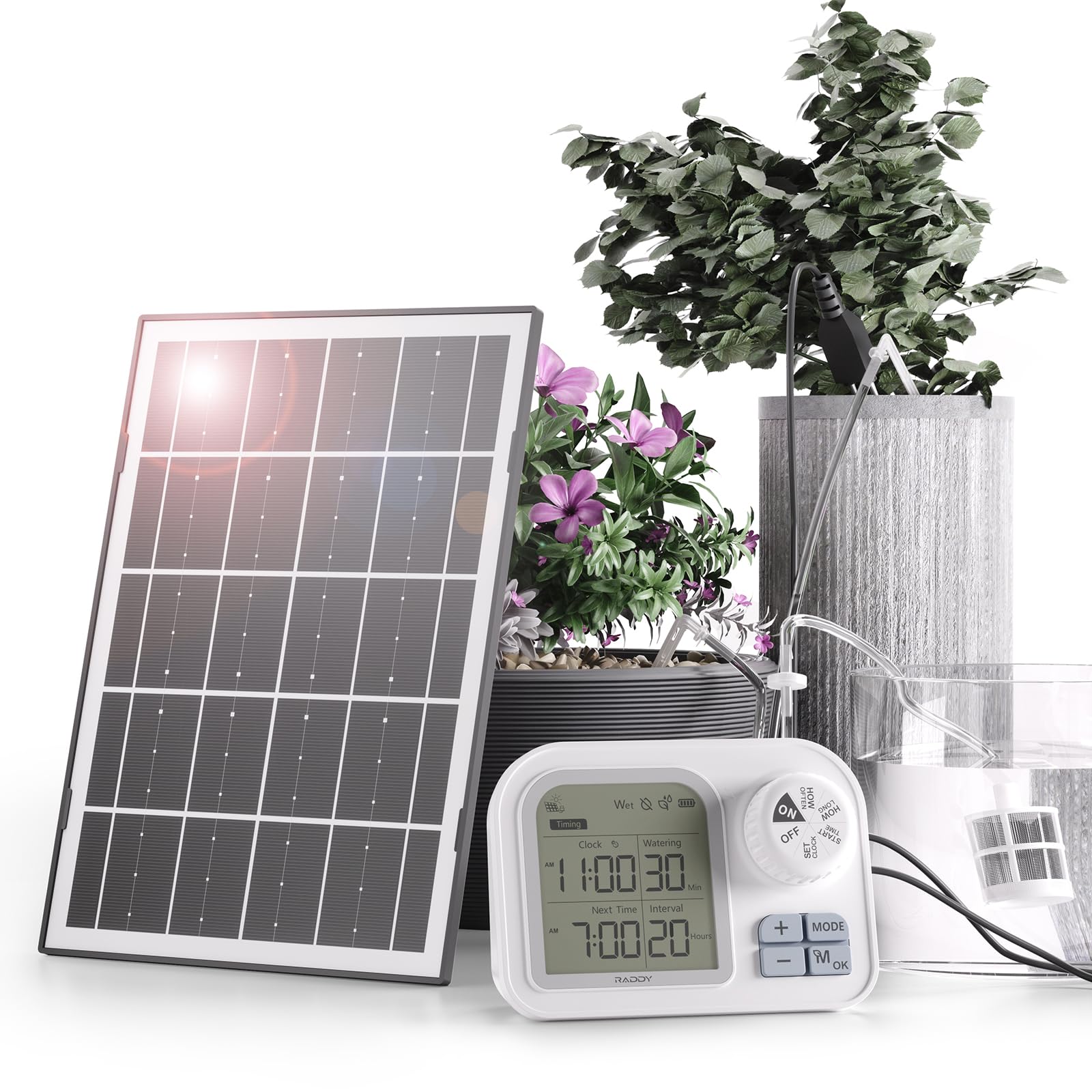 Raddy WS-7 Solar-Automatische Bewässerungssystem, IPX7-Wasserdichtigkeit, Bewässerung für 15 Topfpflanzen, mit Bodenfeuchtigkeitserkennung, 2600-mAh-Akku, Großes Display für Innen Außen, Balkon