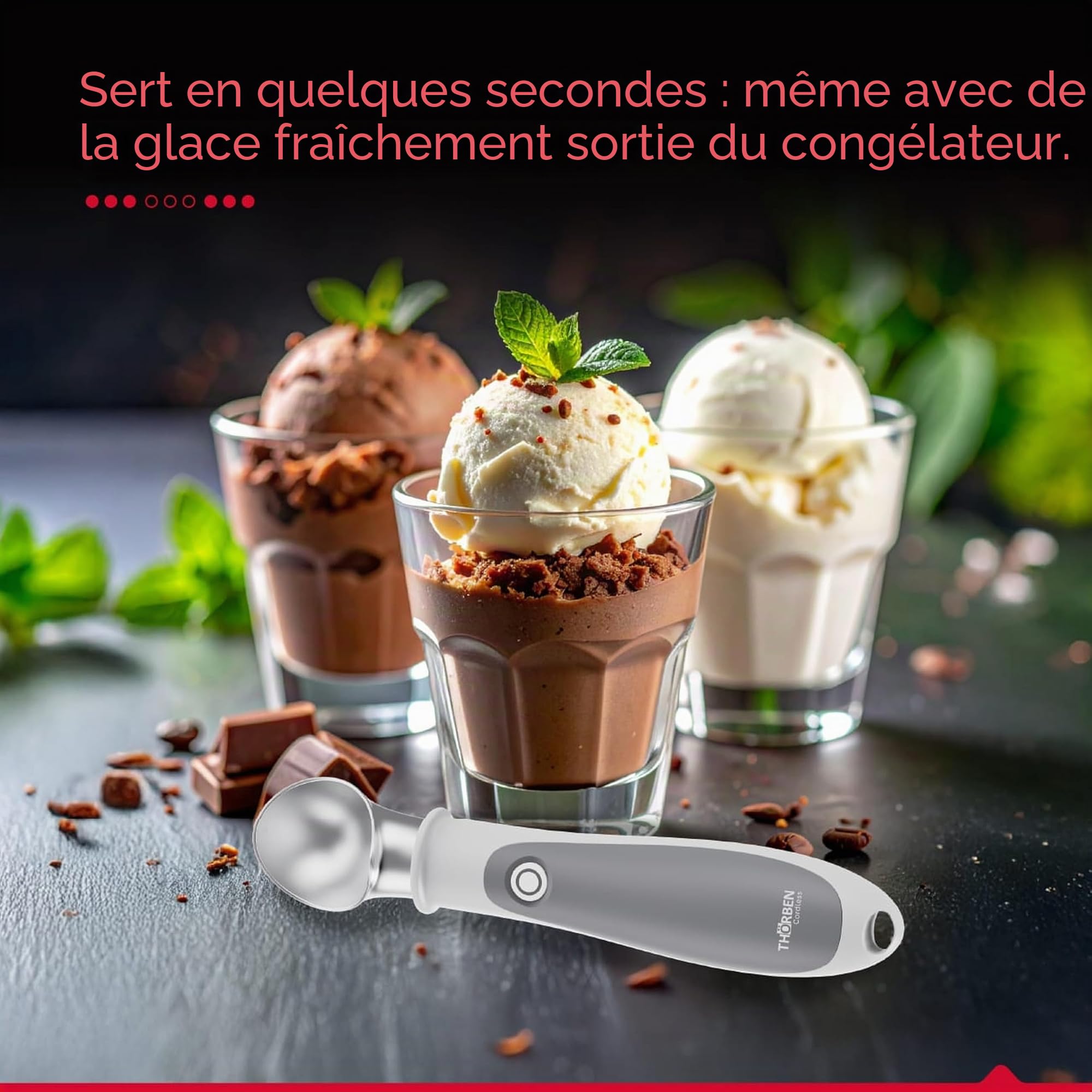 Thörben Cuillère à glace électrique chauffée, rechargeable USB-C, double niveau de chaleur 45 °C et 60 °C, pour prendre de la glace facilement et sans effort, matériaux de qualité alimentaire