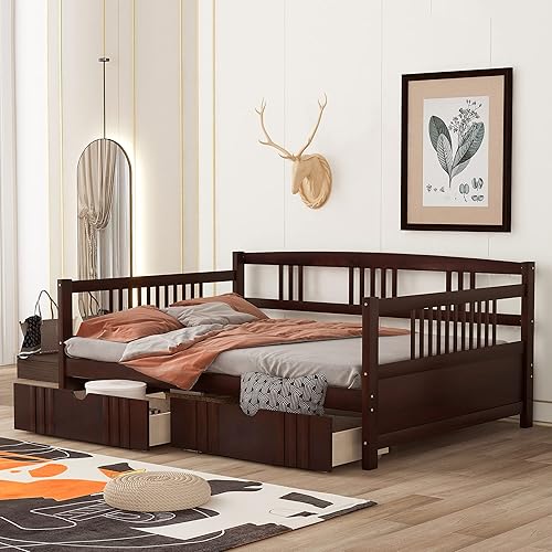 Miniatura 73 de Merax Sofá cama individual con listones de madera, soporte moderno sofá cama con rieles, tamaño individual, blanco marfil Marfil blanco,Espresso