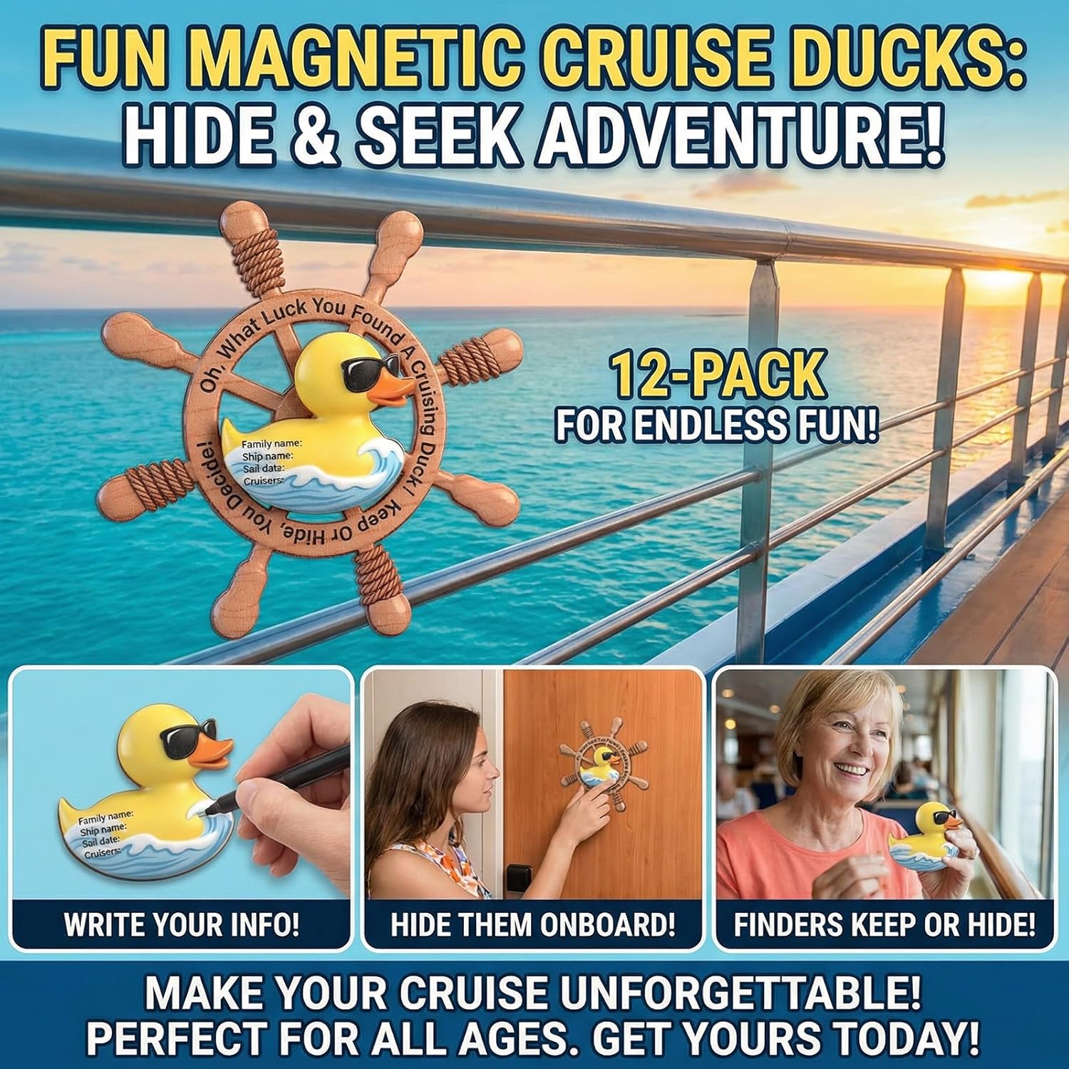 Unittype 12 Pcs Cruise Duck Magnetic Keep or Hide You Decide Wooden Magnetic Cruising Ducks for Cruise Ship Hiding Exchange Gifts Carnival Cabin Decor
