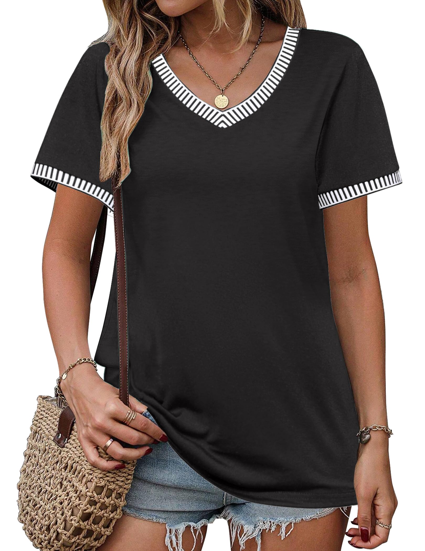 Zeagoo Womens Summer Tops Short Sleeve V Neck T Shirts Striped Color Block Casual Loose Tee Shirts Fashion Dressy Blouse