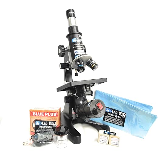 GLab Compound Student Microscope with LED LAMP,50 Blank N Two Prepared Slides ISO 9001:2015 Certified