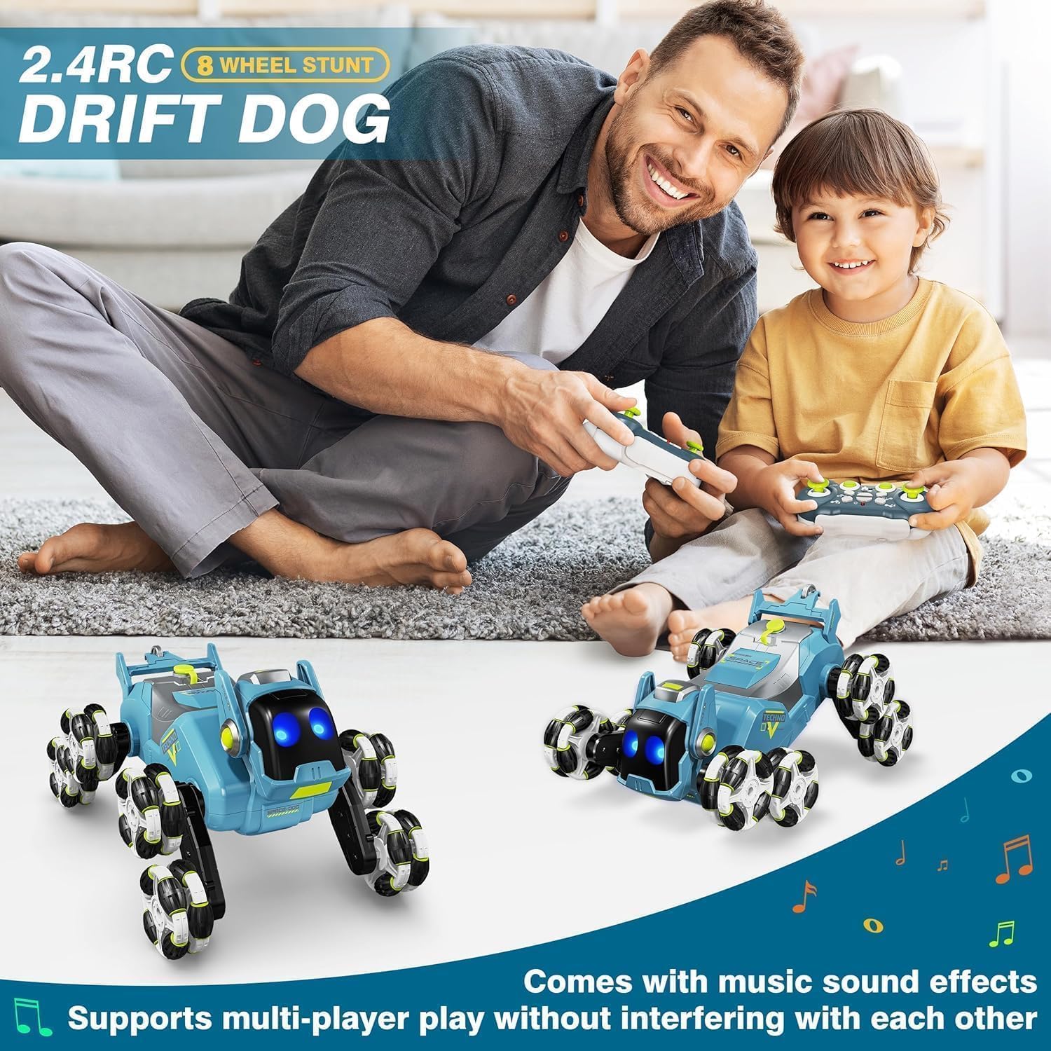 DD WORLD 8-Wheel RC Stunt Robot Dog — 2.4GHz Remote Control Pet Dog Toy with Drift Wheels, 360° Spins, LED Eyes, Cool Smoke Effect & Rechargeable Battery — Interactive Robotic Puppy for Kids 4