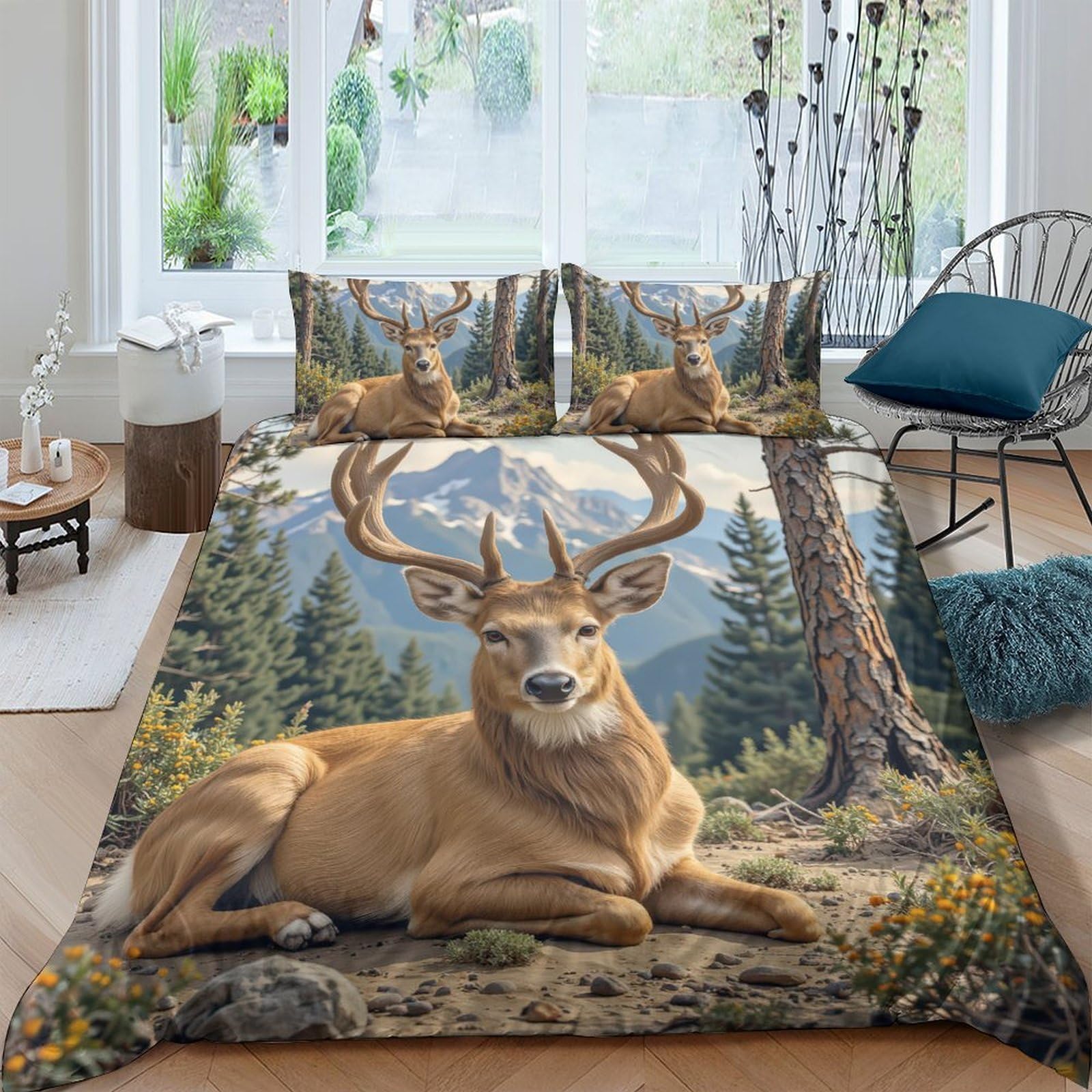 Ctjqhvkz Style-8 3D Printed Deer Forest Fitted Sheet Microfiber Soft Breathable Mountain Landscape Bed Cover For Bedroom Guest Room Decor Single（135X200cm）