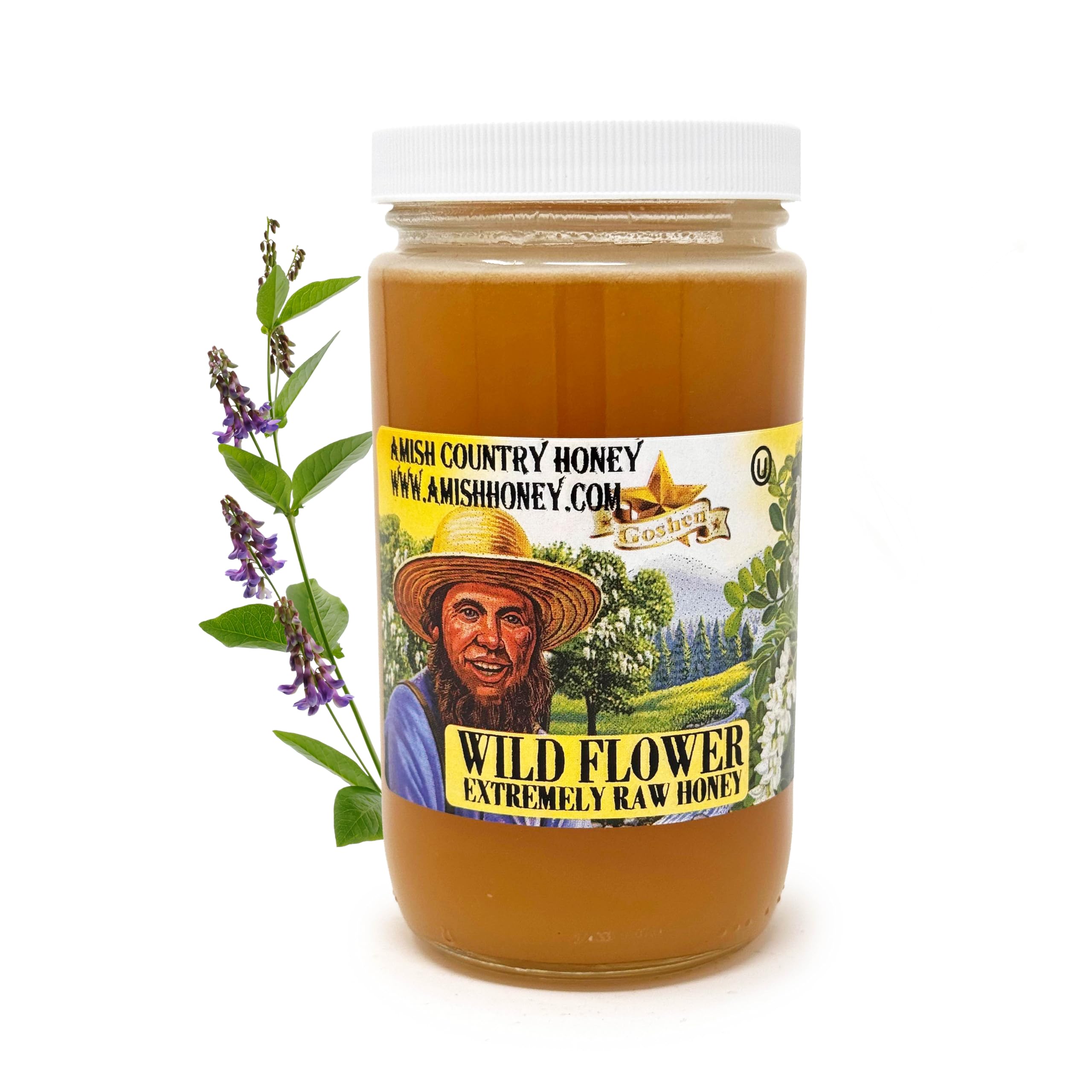 Goshen Amish Country Extremely Raw Wild Flower Honey - Unfiltered, Unprocessed, Pure & Natural - Harvested in the USA - Rich Flavor for Tea, Cooking, Wellbeing - Kosher Certified - 16oz Glass Jar