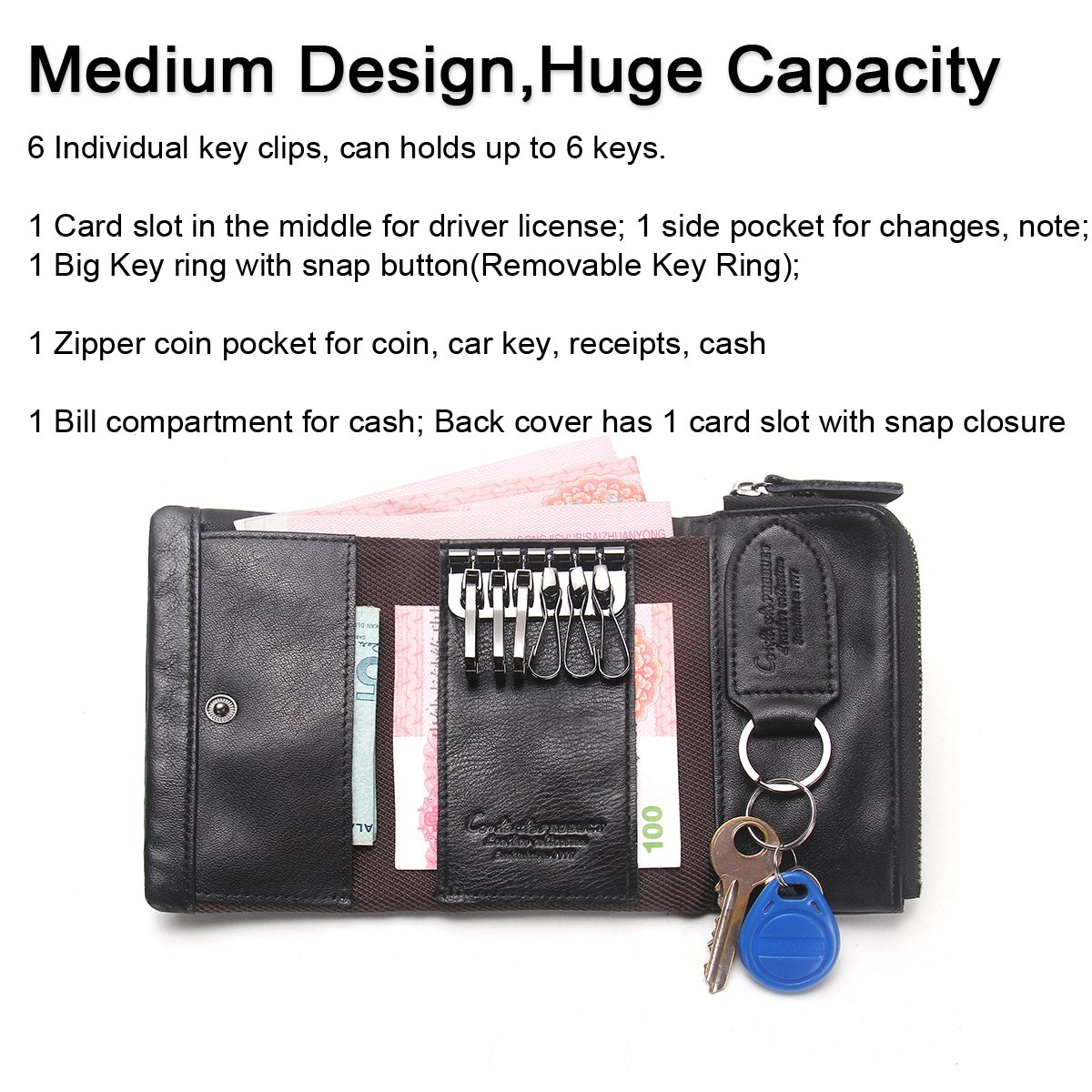 Contacts Womens Genuine Leather Card Key Holder Zipper Coin Clutch Purse Wallet Black