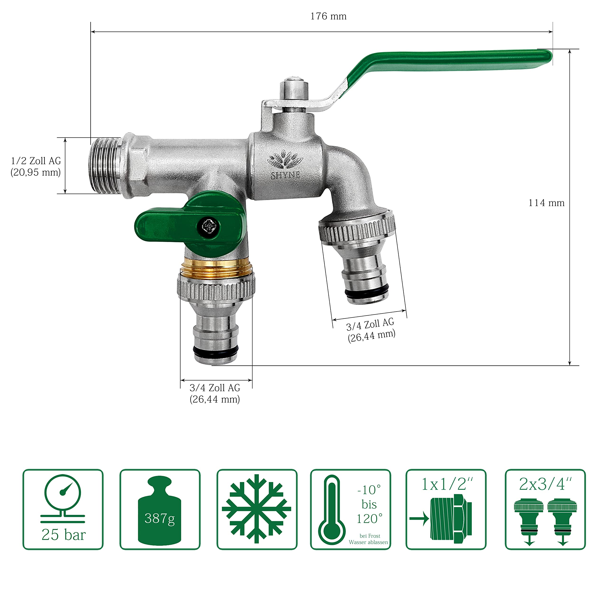 SHYNE Qualità Doppio Rubinetto 1/2'' Pollice Ottone Antiruggine e Resistente al Gelo + 2 Prese Rubinetto Gratuiti + eBook | Giardino, Lavatrice, Pioggia Barile (Confezione da 2)