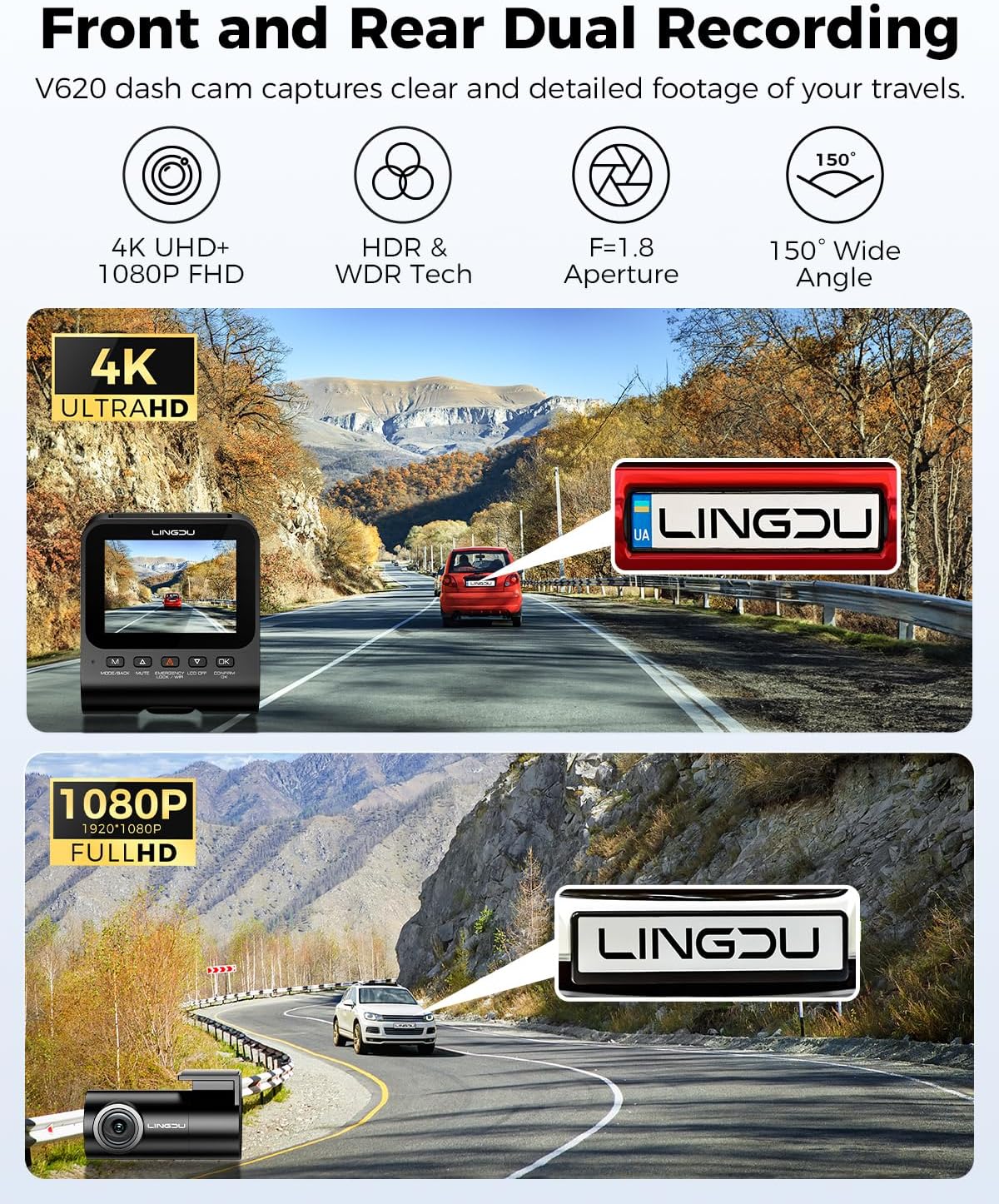 4K Dash Cam Front and Rear, WiFi6 Dash Camera for Cars, HDR Dashcam with Voice Control ADAS GPS, Night Vision, Motion Detection 24H Parking Mode, Advanced Timeline Playback APP, 64GB Card Included