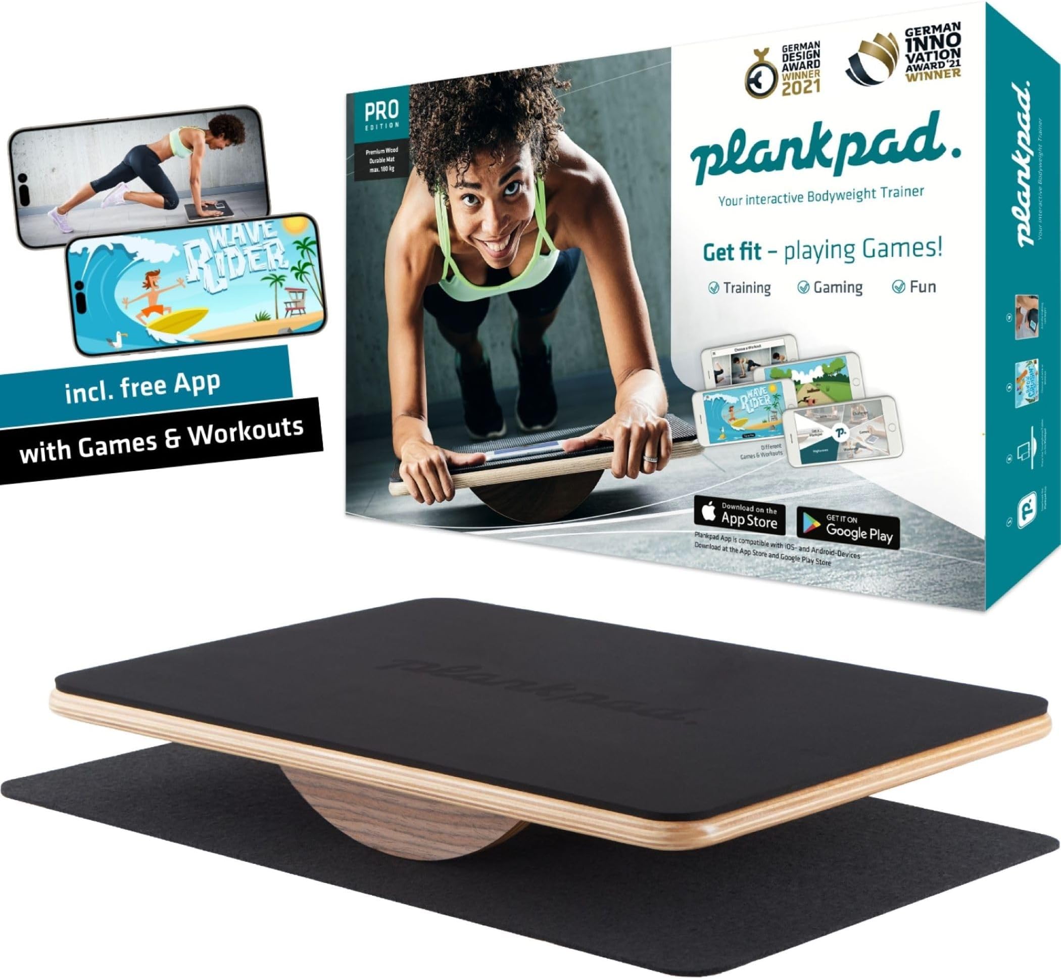 PRO - Interactive Balance Board for Full Body Training, Abdominal Muscle Plank-Trainer with Apps, Games and Workouts - Fitness-Hometraining for the whole family