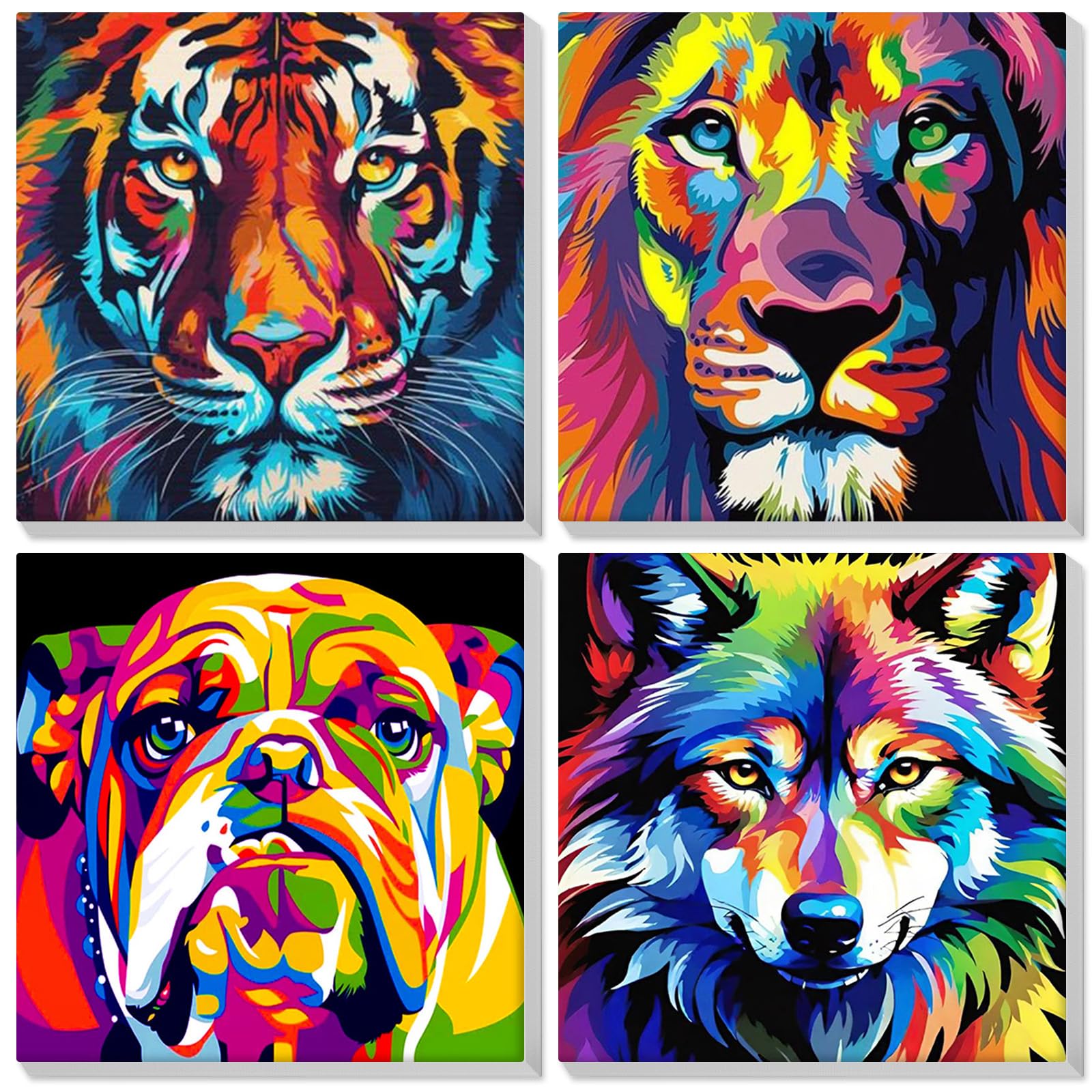 Lxmsja 4 Pack Animals Paint by Numbers for Adults Children with Frame, Lion Elephant Tiger Panda Painting by Numbers for Kids on Canvas, DIY Acrylic Painting Kit Gifts for Home Wall Decor, 8x8inch