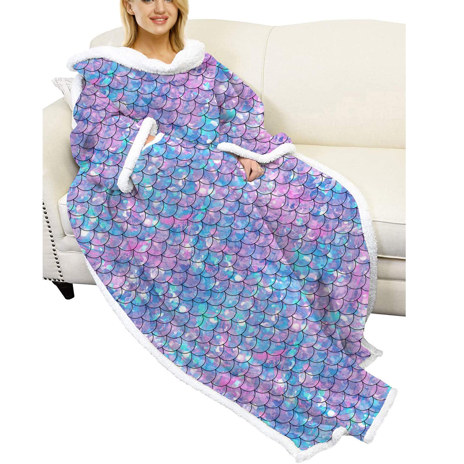 Manta Sherpa Ponible Para Adultos, Para Hombre Y Mujer Cómoda Y Calentita Manta Con Mangas, Manta Bata Para El Hogar, Bata Para Ver La Tele Manta De Sofá 001-One size