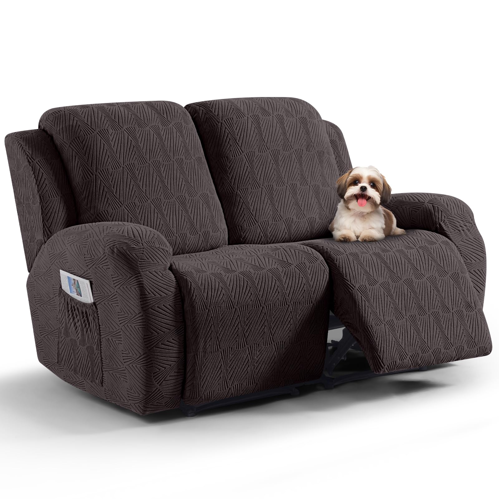 VANSOFY Recliner Loveseat Cover, 6-Pieces Stretch Dual Recliner Sofa Cover Soft Jacquard Reclining Couch Slipcover Furniture Protector with Elastic Bottom for Kid, Pets(2 Seat,Chocolate)