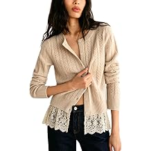 Watashi Women's Cable Knit Cardigan Lace Trim Button Front Sweater
