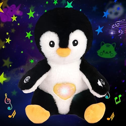Cuteoy Proyector de estrellas de pingüino de peluche, luz nocturna musical ajustable, animales de peluche, juguetes de peluche brillantes, regalos