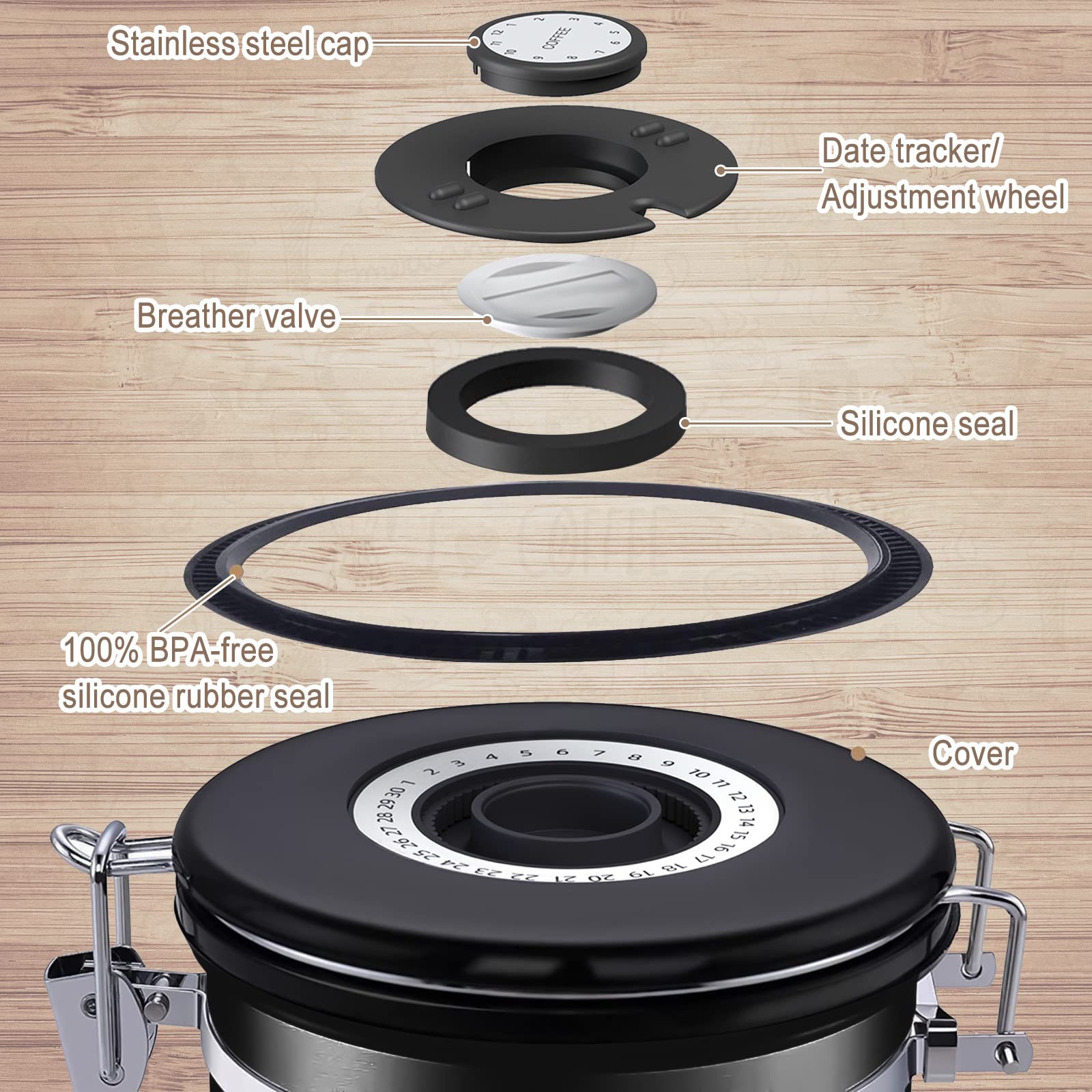 Purpledi Bote para Café, Bote de Café de Acero Inoxidable, 1.8L Tarro de Café Hermético para Cafe Grano o Cafe Molido etc-Negro (A)