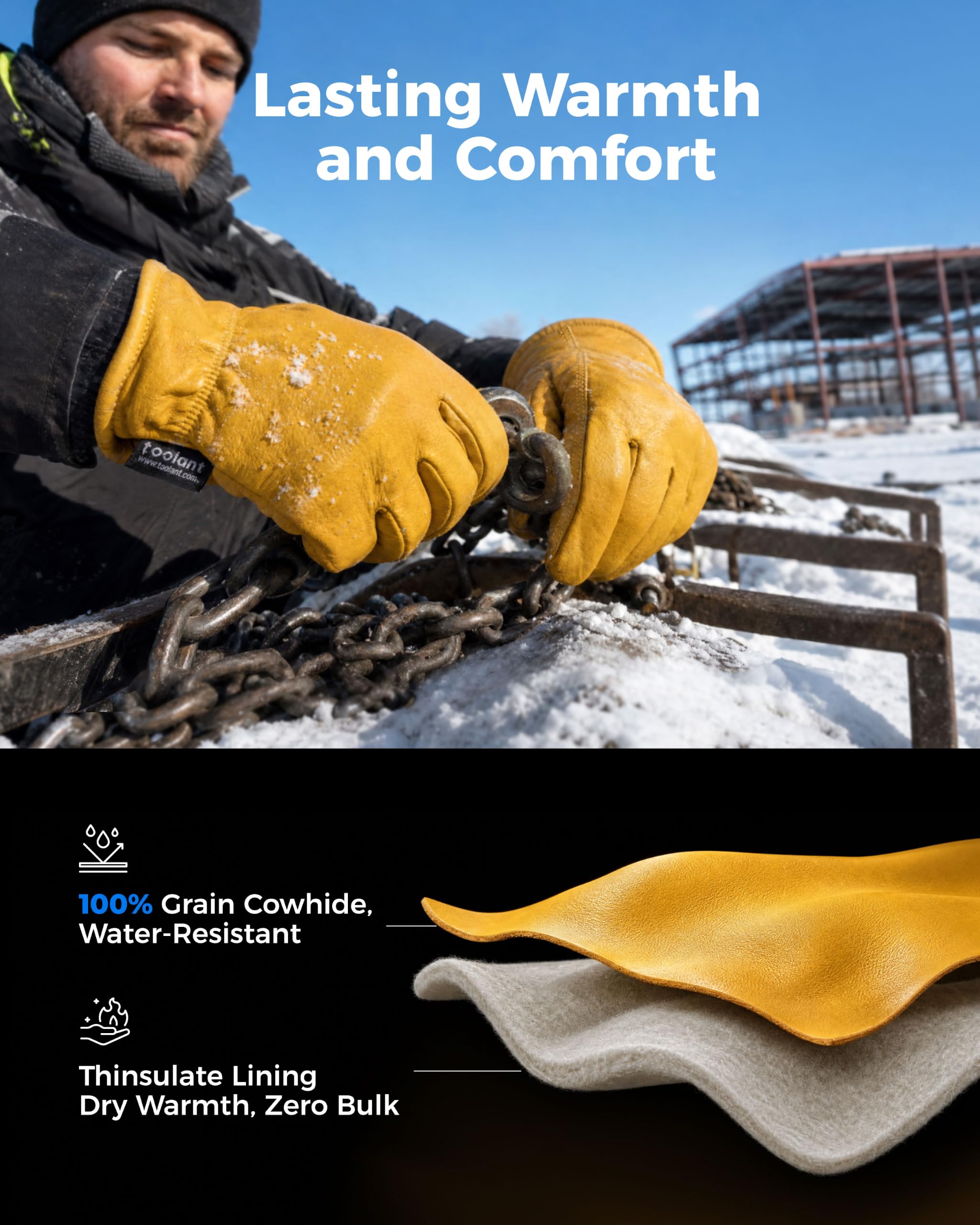 toolant Gants de travail d'hiver en cuir de vachette ouverts, S, 2 pièces