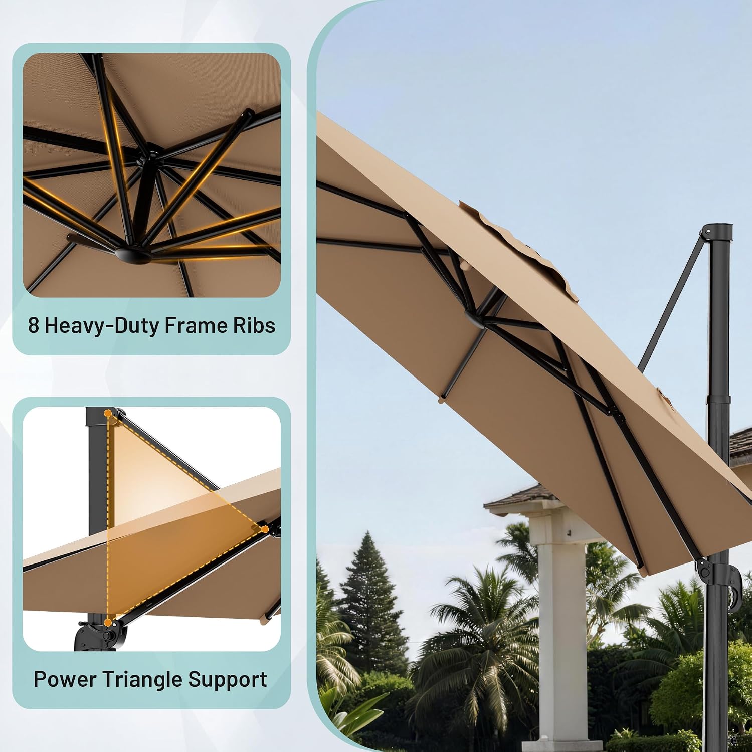 AreShark 8 X 8 FT Cantilever Patio Umbrella, 360-Degree Rotation Round Hanging Offset Umbrella with Crank, Heavy Duty Patio Umbrella for Patio, Pool, Garden, Deck, Beige