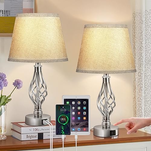 Table lamp for Bedroom Set of 2 - Touch Bedside Nightstand Lamp with USB Type-C Ports 3-Way Dimmable Farmhouse Desk Lamp for Living Room Guest Room