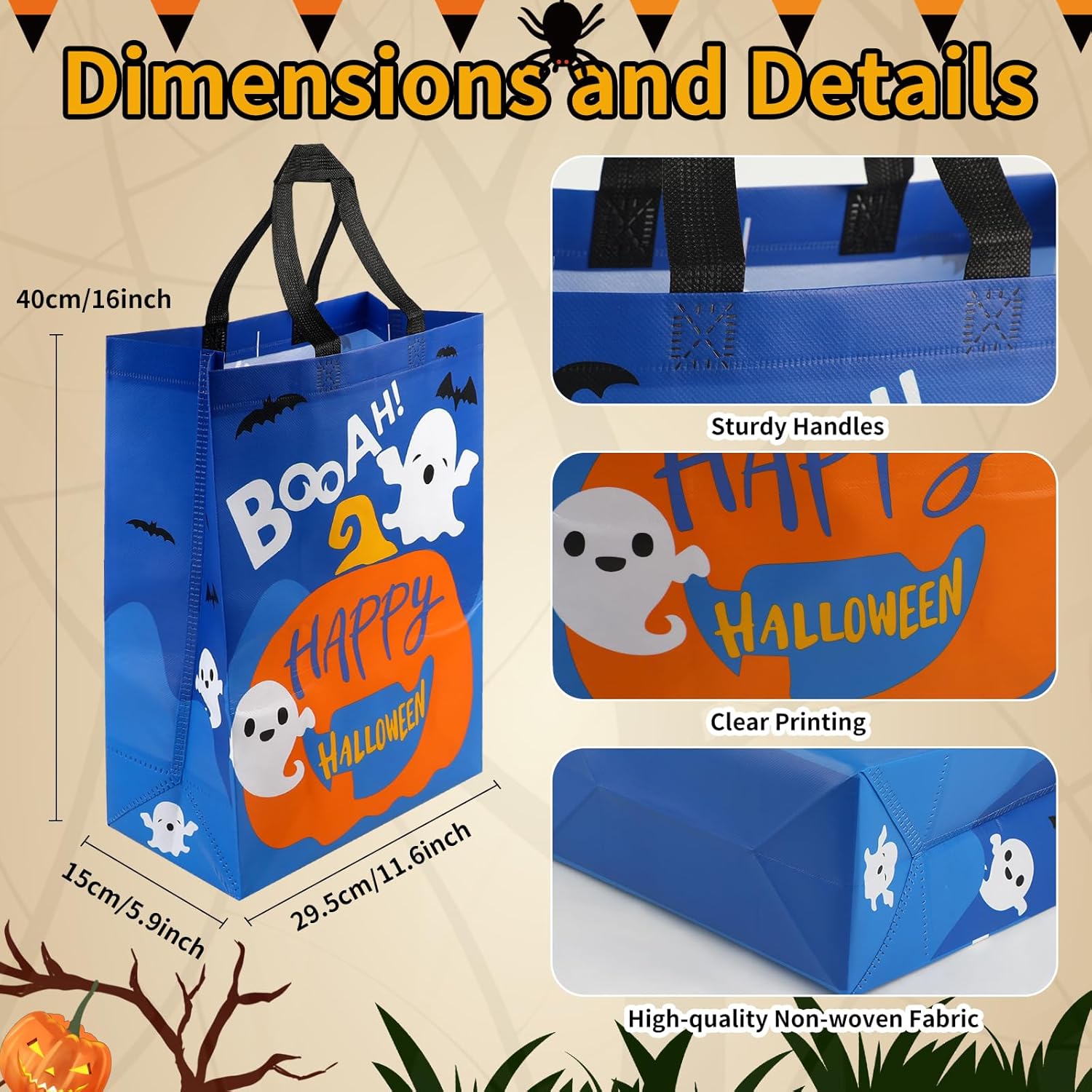 KIMOBER 12 Packs Halloween Non-Woven Trick or Treat Bags, Large Reusable Gift Tote With Handles, 6 Colors Goodie Bags for Party Supplies, 15.711.85.9" - Image 2