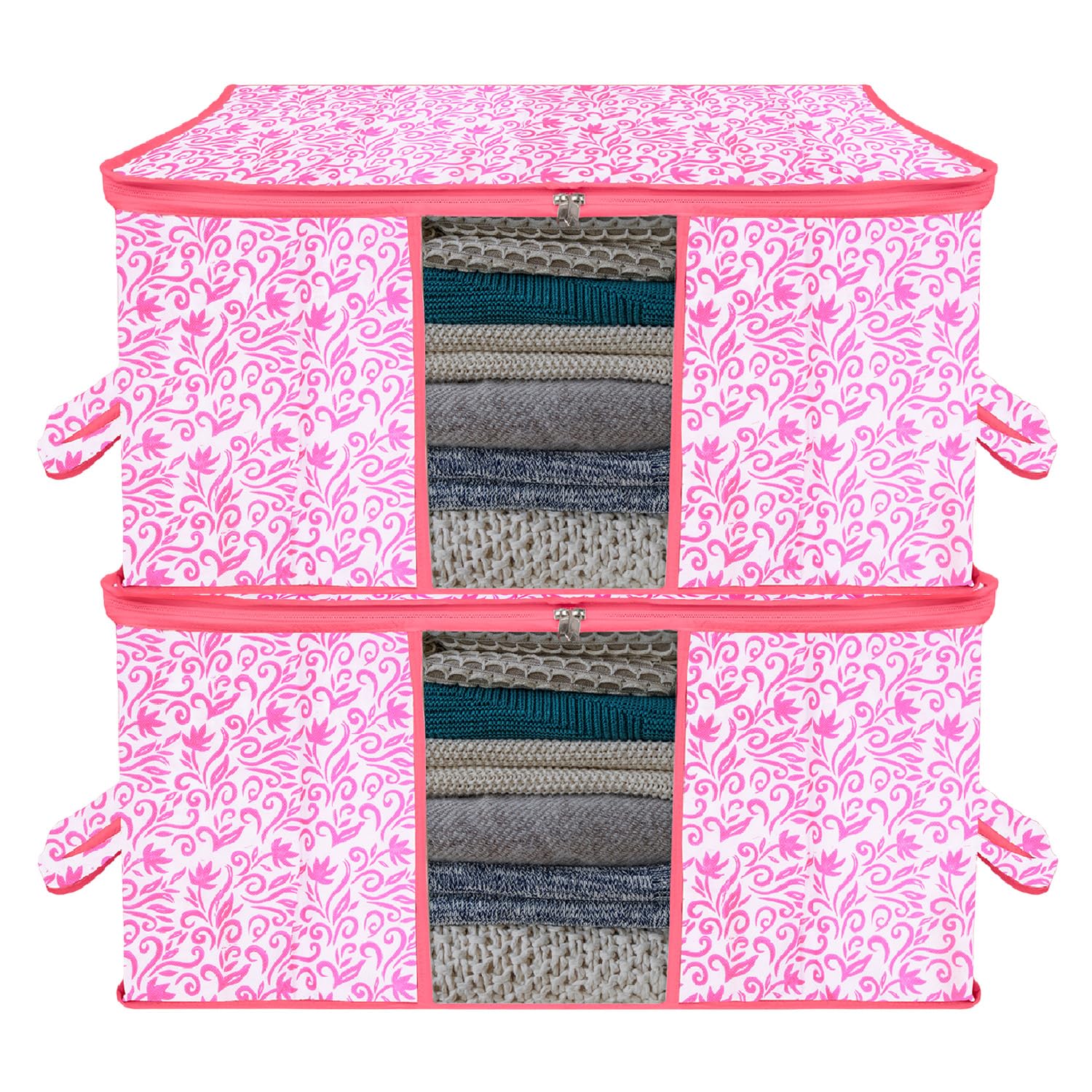 Kuber Industries Underbed Storage Bag|Non-Woven Leaf Print Blanket Cover|Razai Cover|Duvet Cover Transparent Window & Handle|Large|Pack Of 2 (Pink), 65 x 47 x 31 cm-image-5