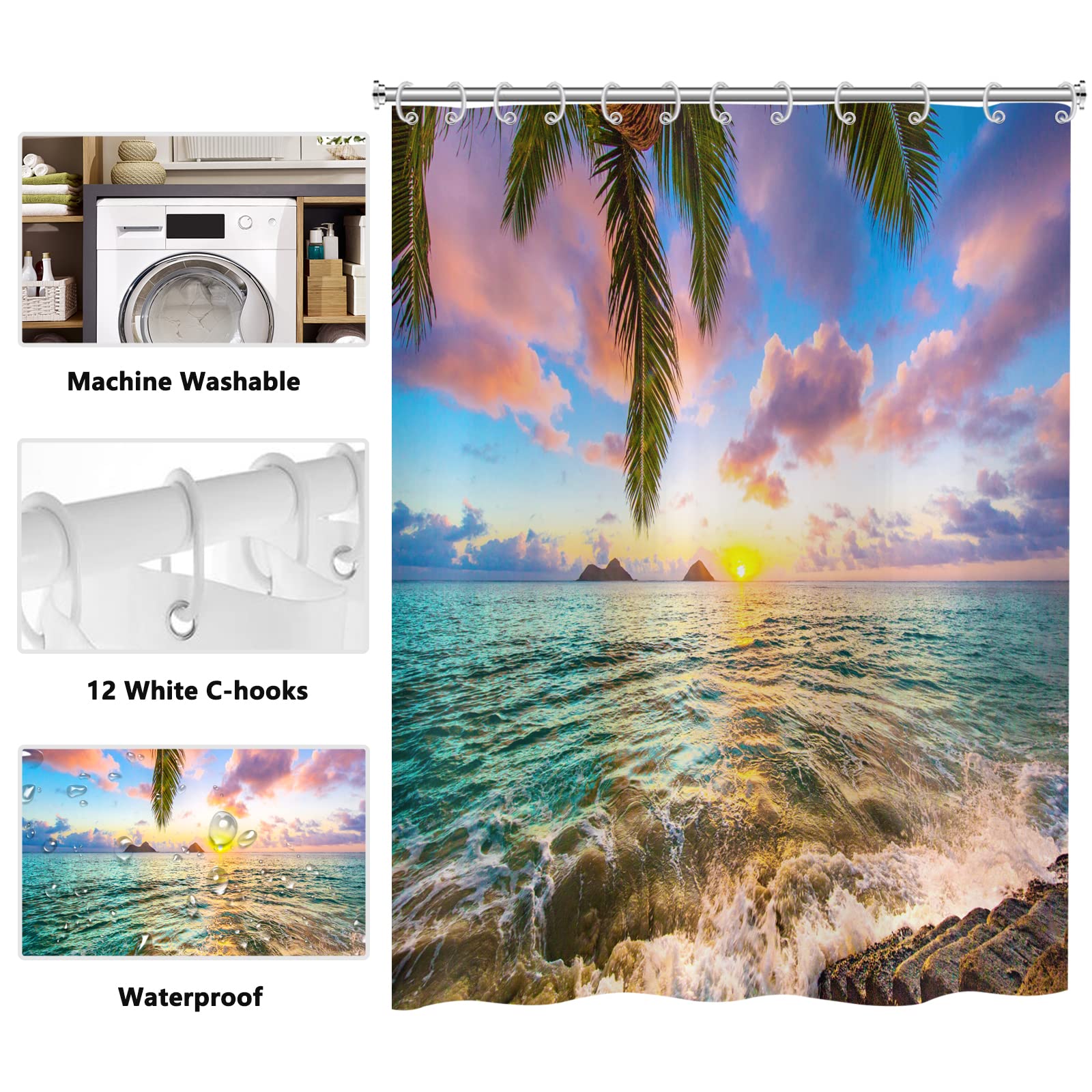 Tenda Da Doccia Ocean Beach Con Palme E Mare – 180x200 Cm, Tessuto Poliestere Impermeabile, Con 12 Ganci Inclusi – Per Bagno, Camper O Come Fondale