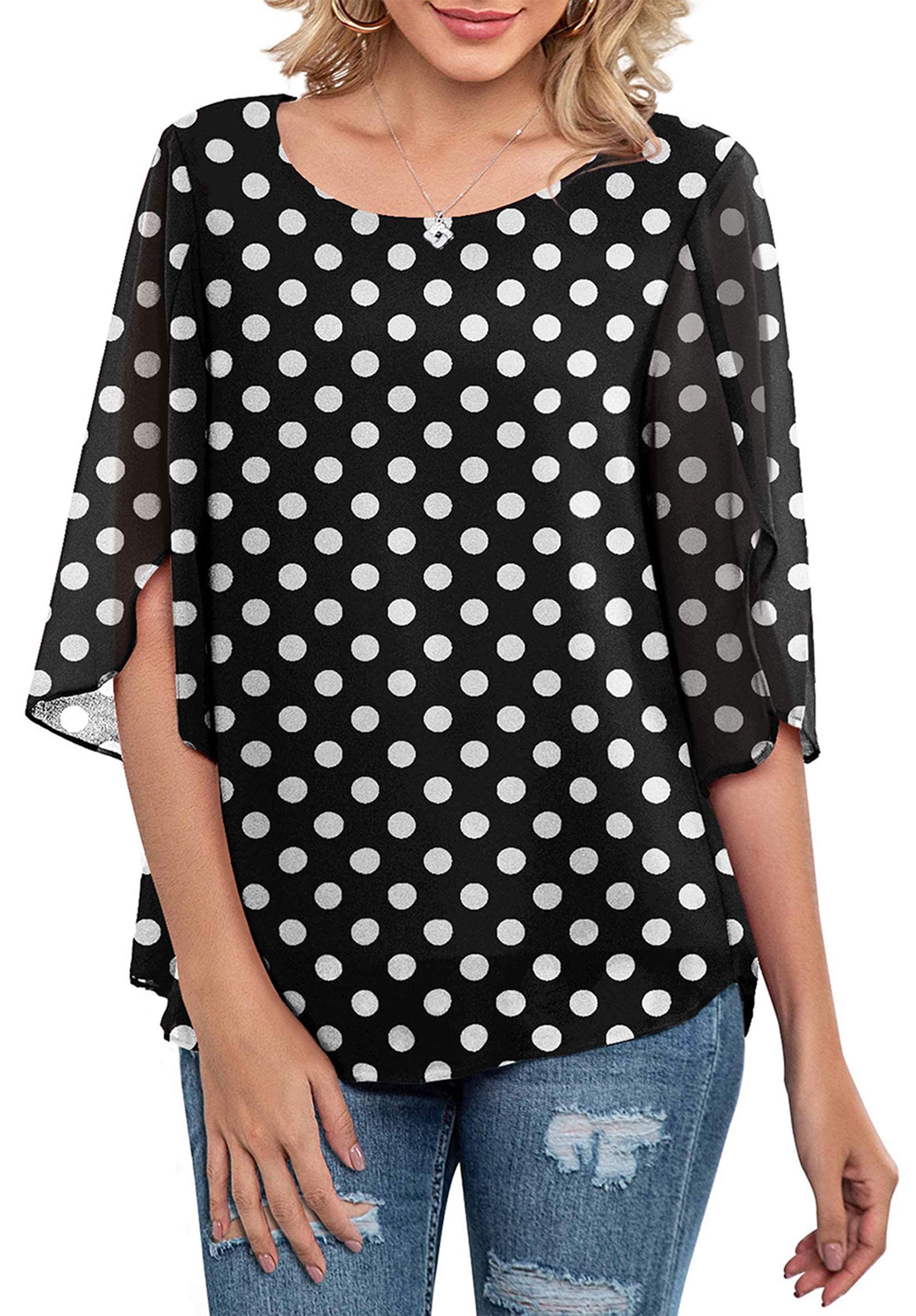 Neineiwu Womens Casual Scoop Neck Loose Top 3/4 Sleeve Chiffon Blouse Shirt Tops