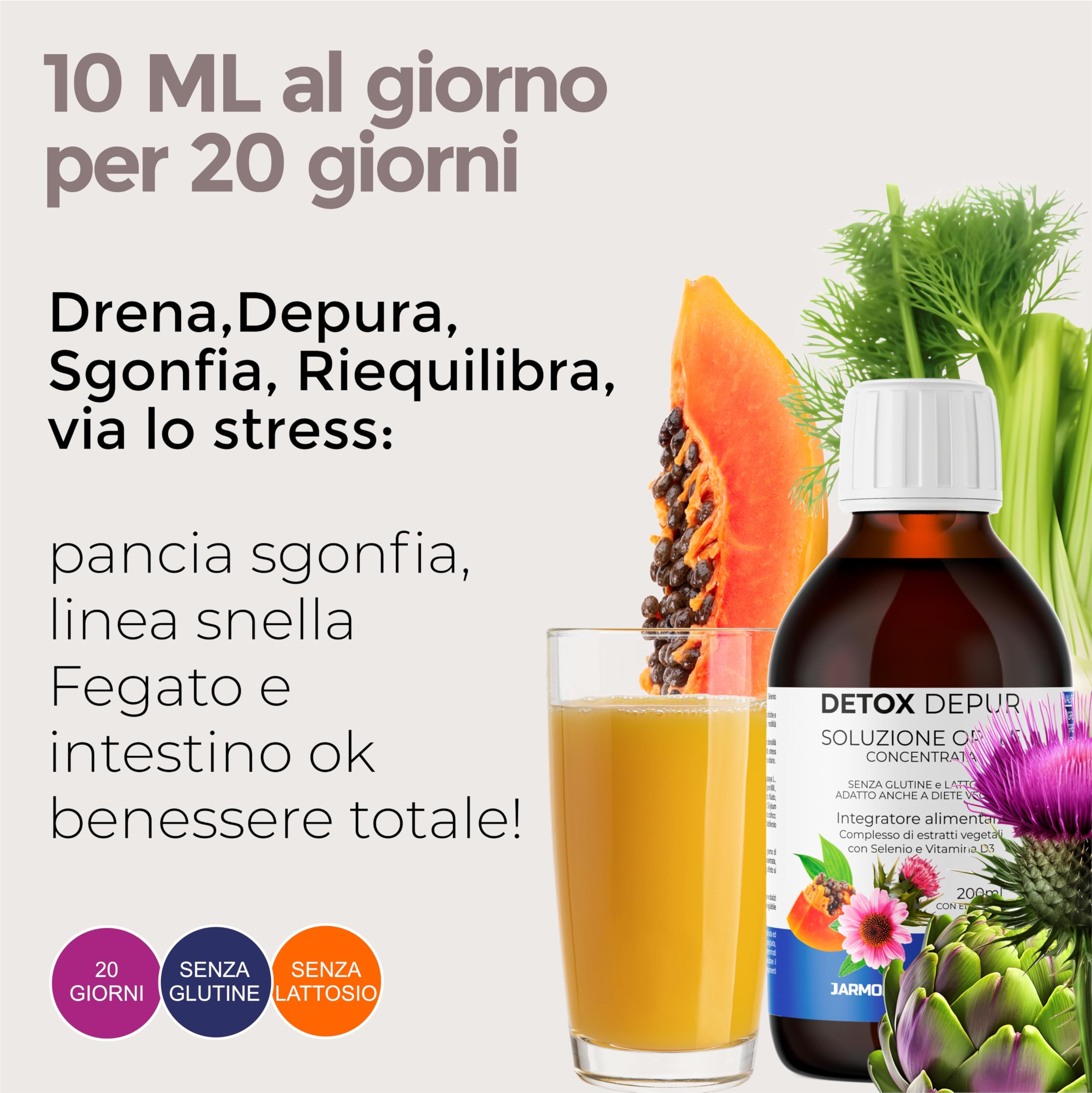 Detox Fegato e Intestino Depur Liquido 200 ml Drenante Naturale con Cardo Mariano Carciofo Finocchio Echinacea Papaia Selenio Vitamina D3 per Pancia Sgonfia Made in Italy