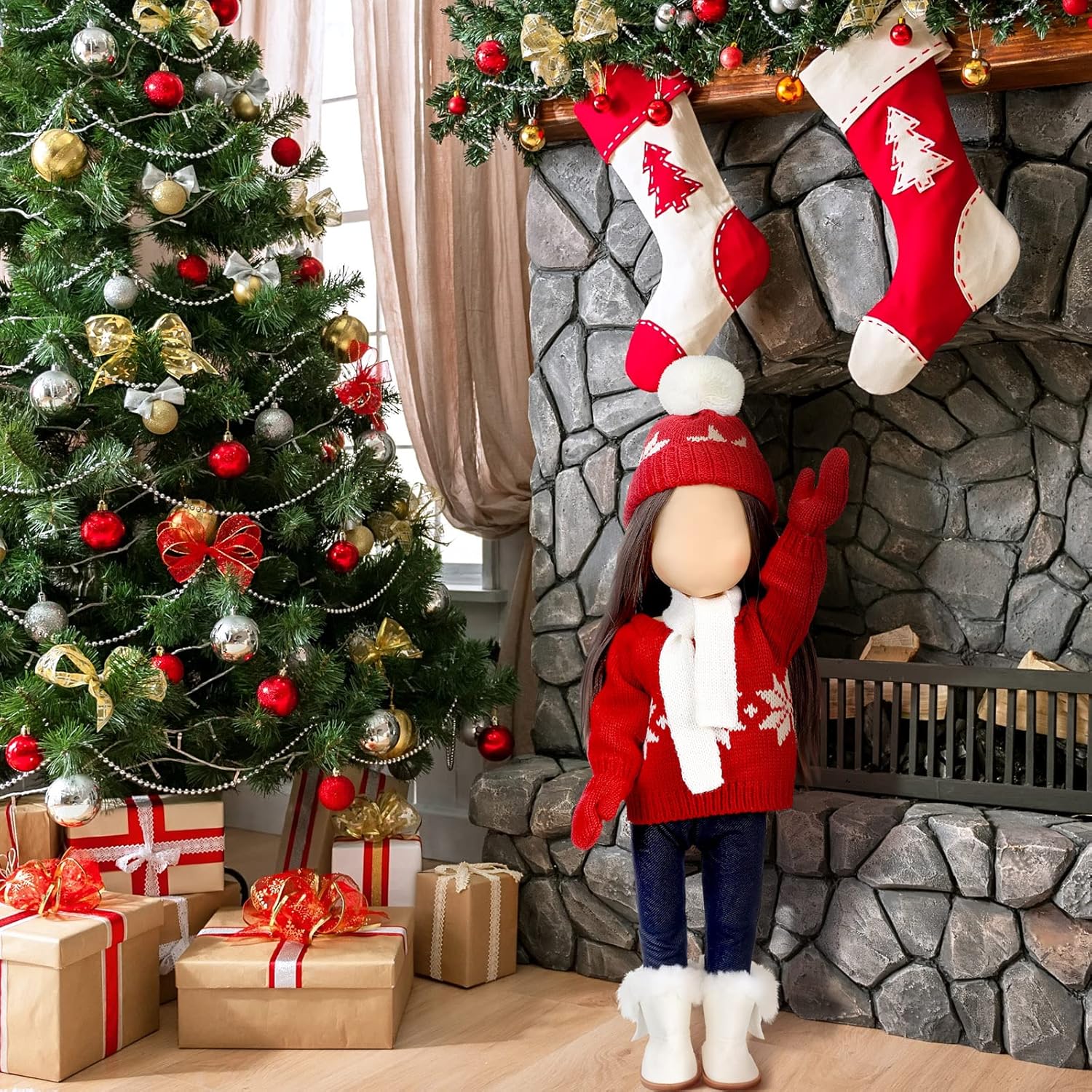 Bencailor 6 Pcs 18 Inch Christmas Doll Clothes and Accessories Winter Outfits Set Sweaters Trousers Hats Shoes Gloves for 18 Inch Doll Gifts(Red White)
