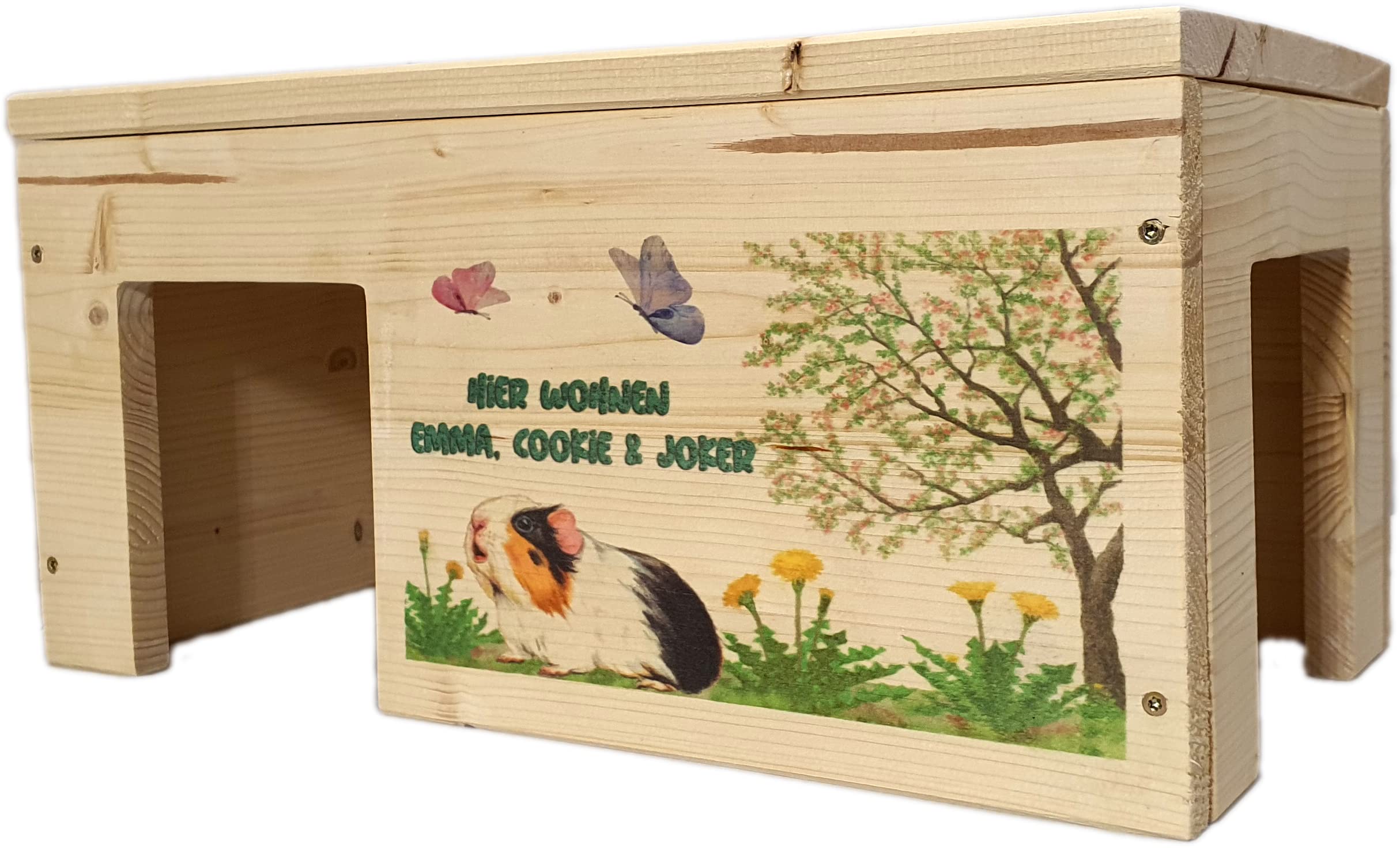 Nagerstore Meerschweinchenhaus Personalisiert mit Wunschnamen ihrer Meerschweinchen mit 2 Eingängen, Holzlasur & Aufklappbar / 45x25x22cm