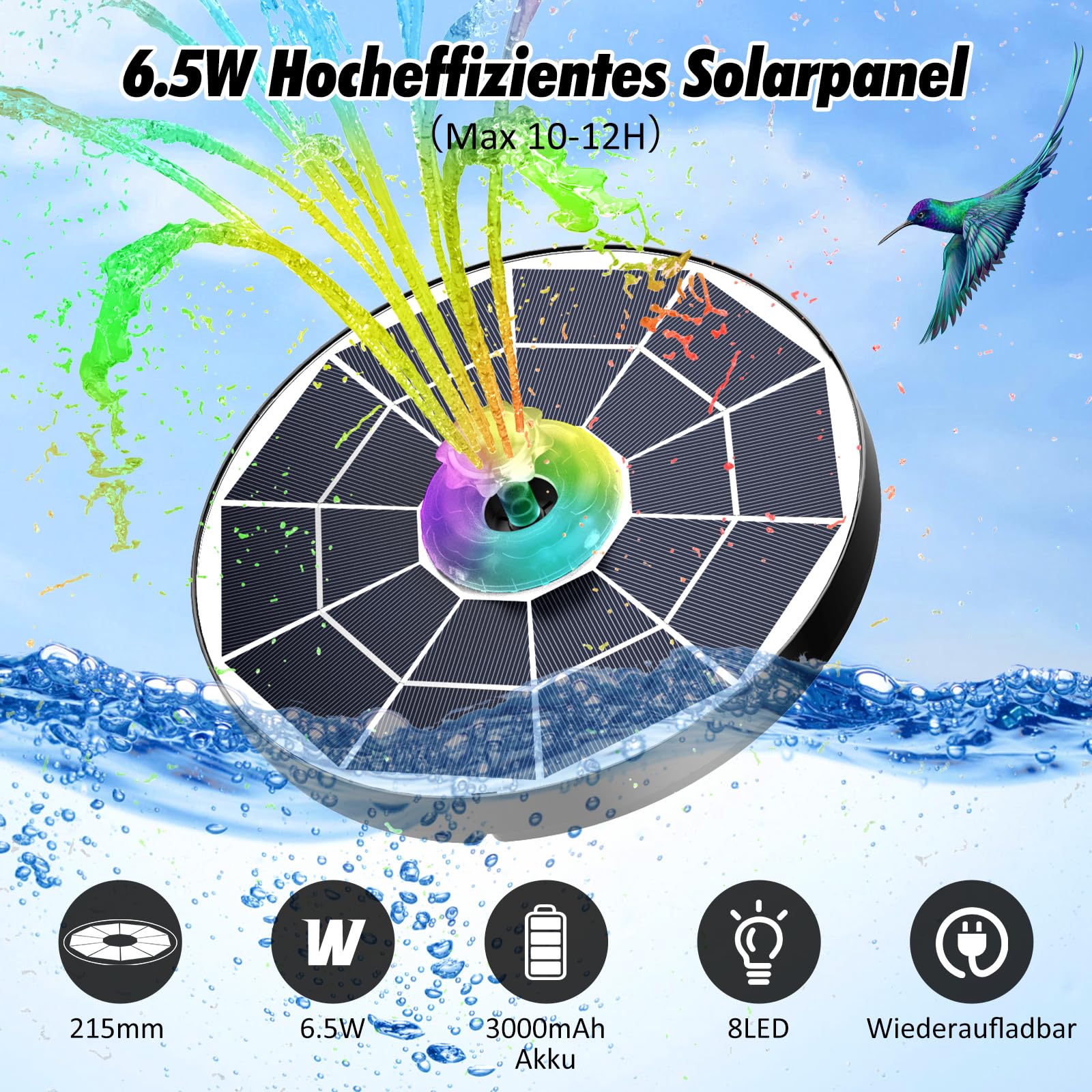 AISITIN 6.5W LED Solar Springbrunnen für Außen mit Fernbedienung, Solar Schwimmender Fontäne Pumpe mit 4 Sprüh Effekten,mit Akku und Gebührenpflichtig,Solarbrunnen für Draussen für Garten,Vogelbad