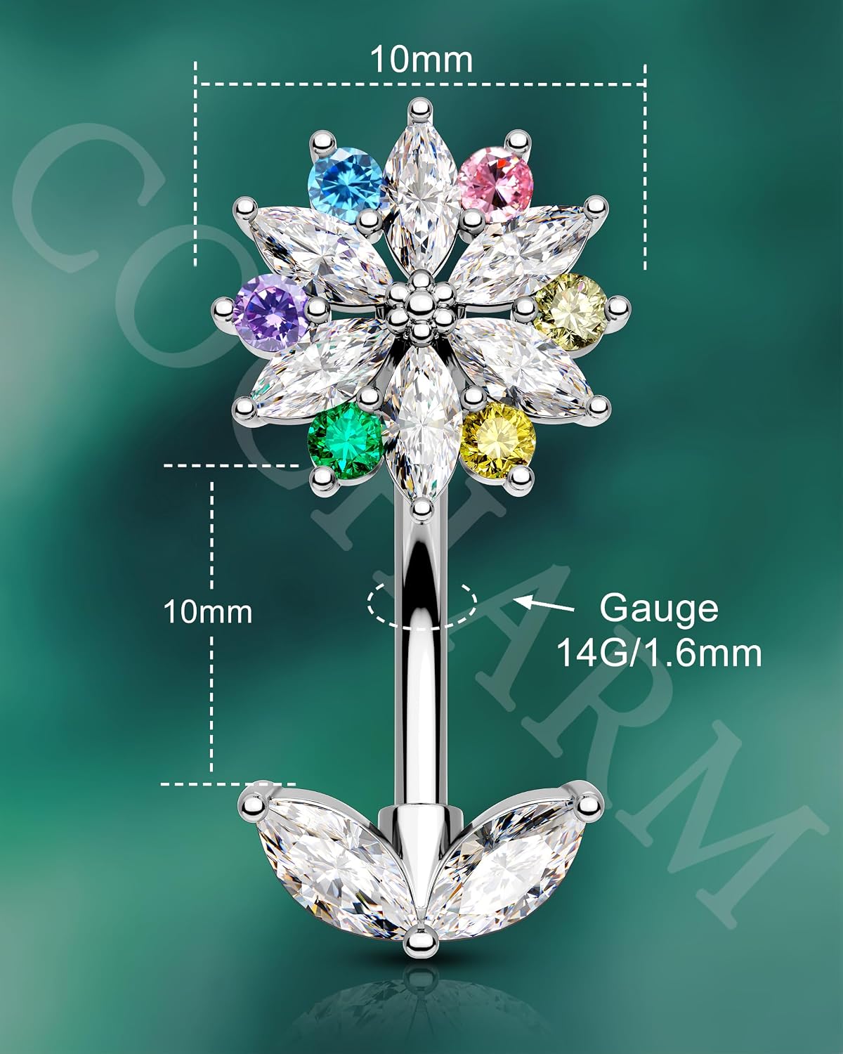 COCHARM Flower Belly Button Rings, 14G Colorful Belly Navel Rings for Women, Stainless Steel Belly Navel Piercing Jewelry