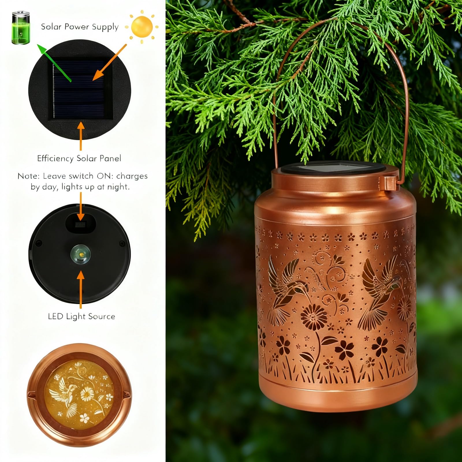 2 Pack Solar Lanterns Outdoor Garden Decor- Solar Lights Waterproof Hummingbird Decorative Gifts for Women Mom Grandma Hanging Metal Lights Gardening Gift for Outside for Yard Patio - Image 4