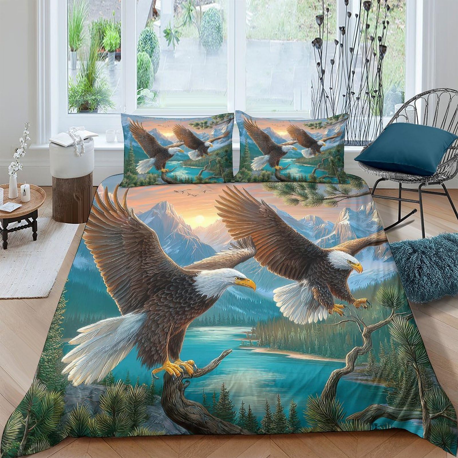 Ctjqhvkz Style-9 3D Printed Bald Eagle Lake Fitted Sheet Microfiber Soft Breathable Mountain Sunrise Mattress Cover For Bedroom Guest Room Single（135X200cm）