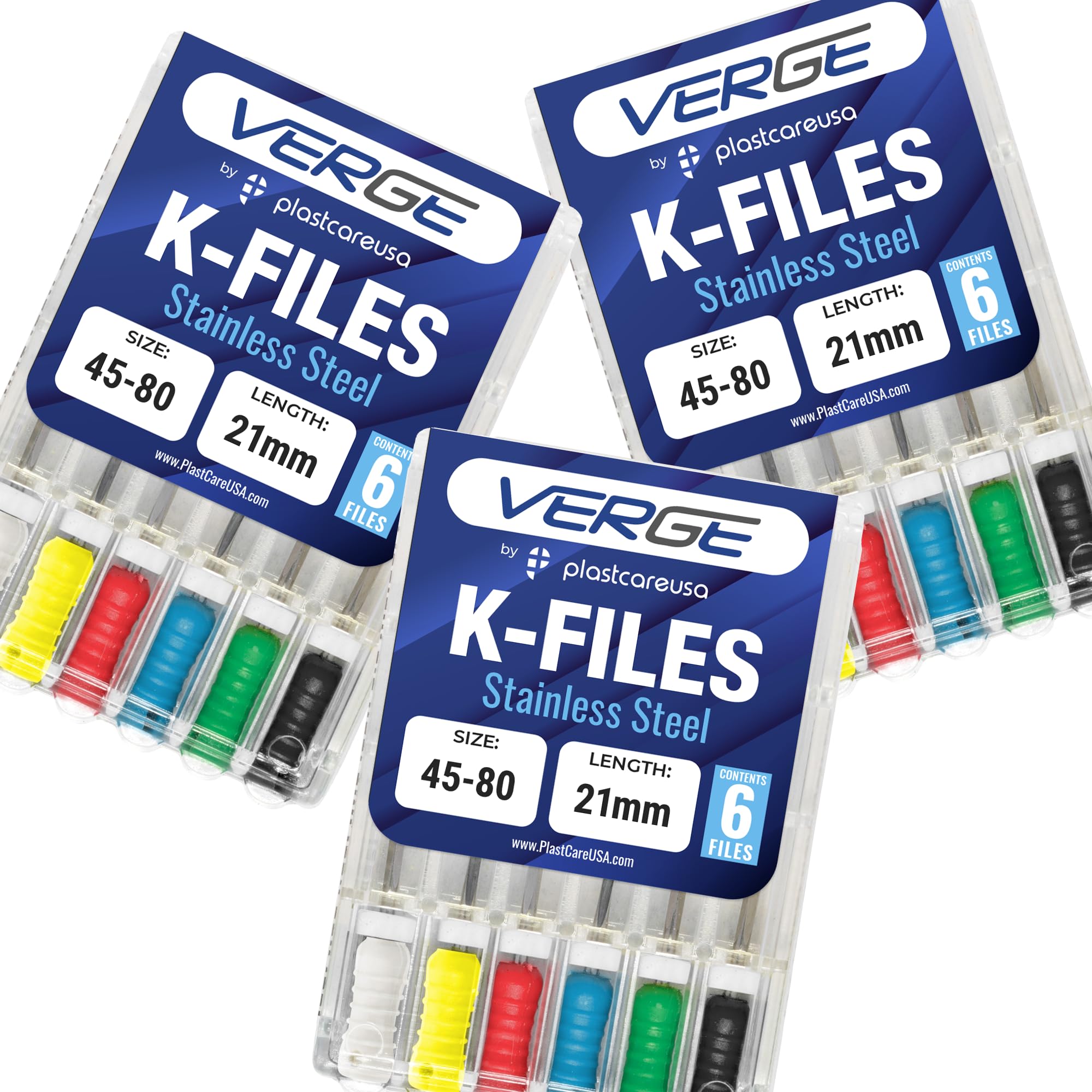 Dental Endodontic 21mm Endo K Files (3 Packs of 6) (18 Total Stainless Steel K-Files) (Assorted #45 - #80)